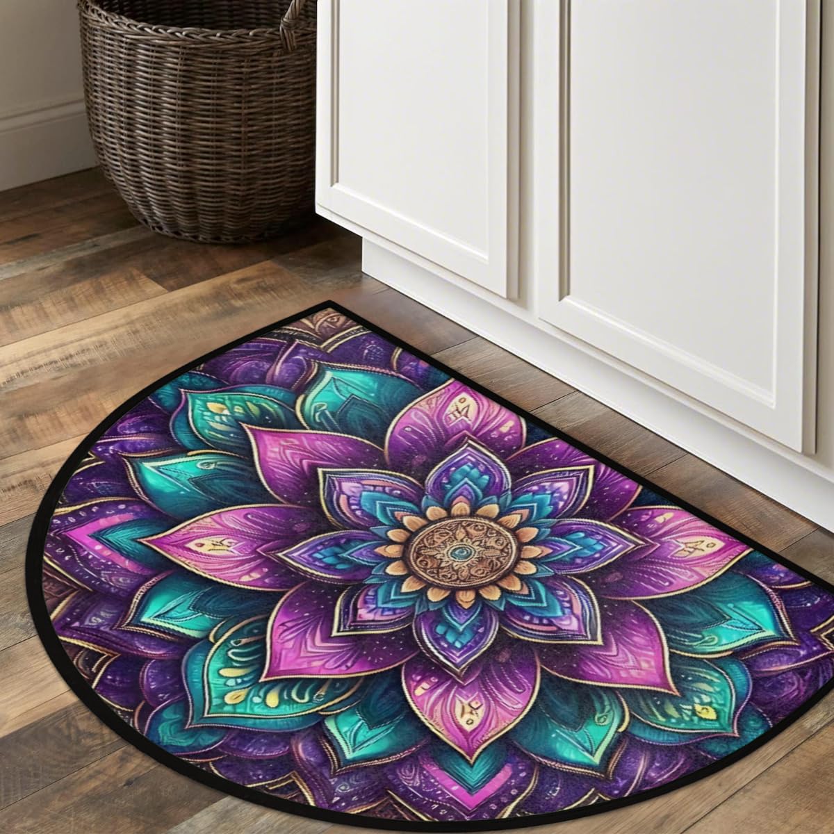 Mandala Flower Half Round Door Mat Indoor Entrance Semi Circle Area Rugs (Z Mandala Flower Boho Color)