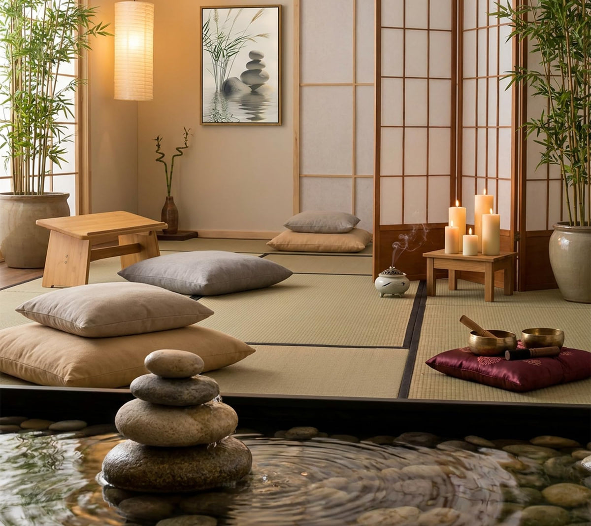 Floating Framed Zen Stone Canvas Wall Art (Stone Reflection / 16L"x12W")