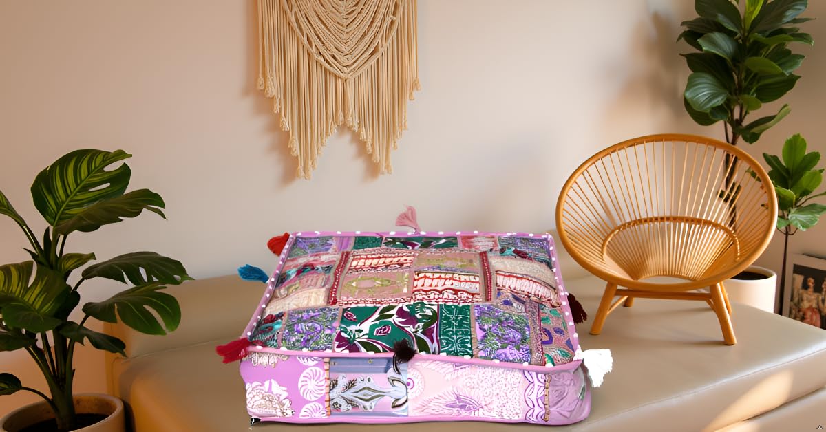 Indian Square Patchwork Traditional Pouf Cover Indian Living Room Poufs Decorative Embroidered Designer Ottoman Home Living Footstool Chair Cover Decor Pillow Cover 22x22x5 inches Baby Pink (22"D x 22"W x 5"H / Baby Pink)