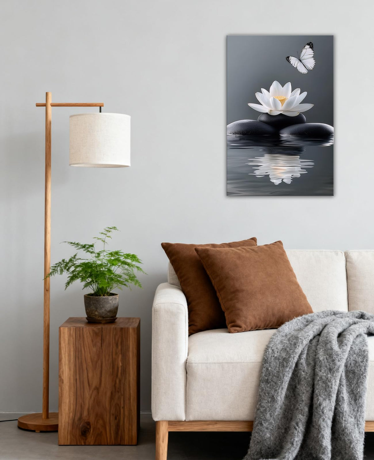 Zen White Lotus Canvas Wall Art Spa Room Meditation Wall Decor Peaceful Stone Butterfly Posters Prints for Bathroom Yoga Spiritual Room Bedroom Decoration (Artwork-3 / 42"L x 28"W)