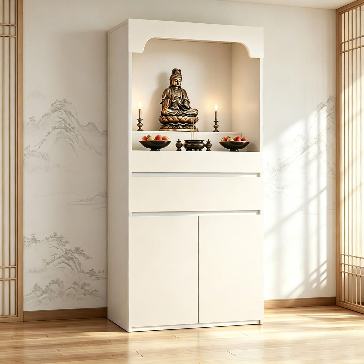 Altar Table Pooja Cabinet with Drawers and Storage Cabinets (23.6×15.7×65.4in / Beige)