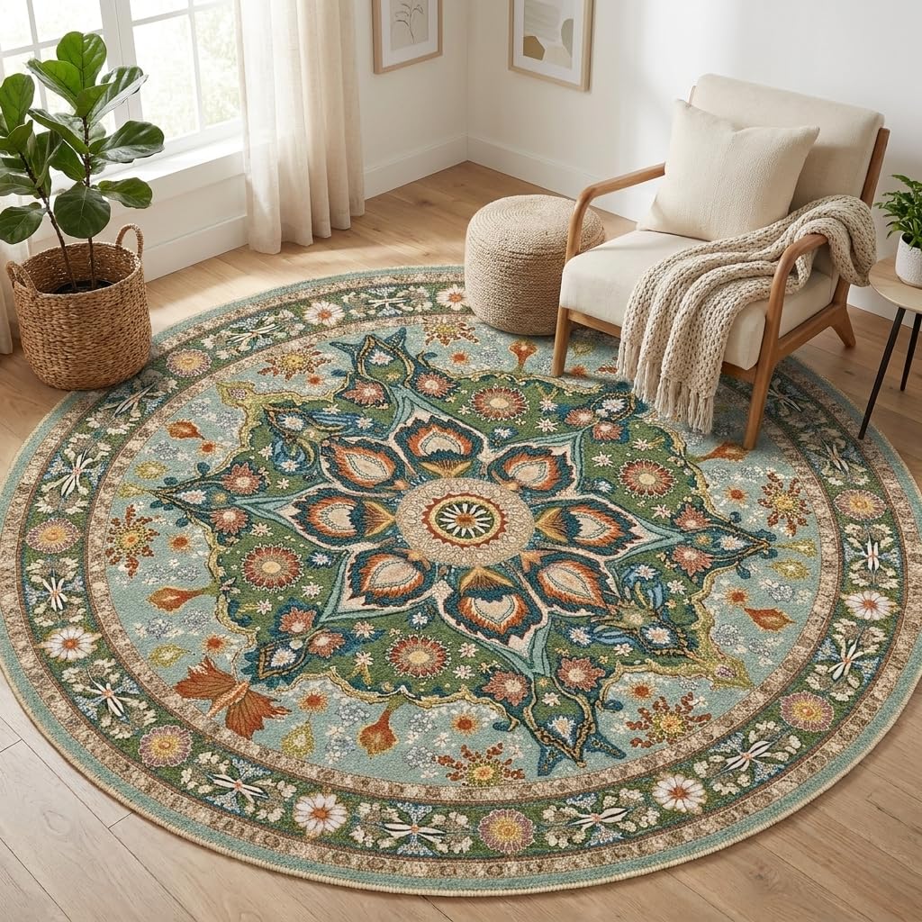Sage Green Floral Round Area Rug 5ft (Daily-sage Green Floral / 5' (Round))