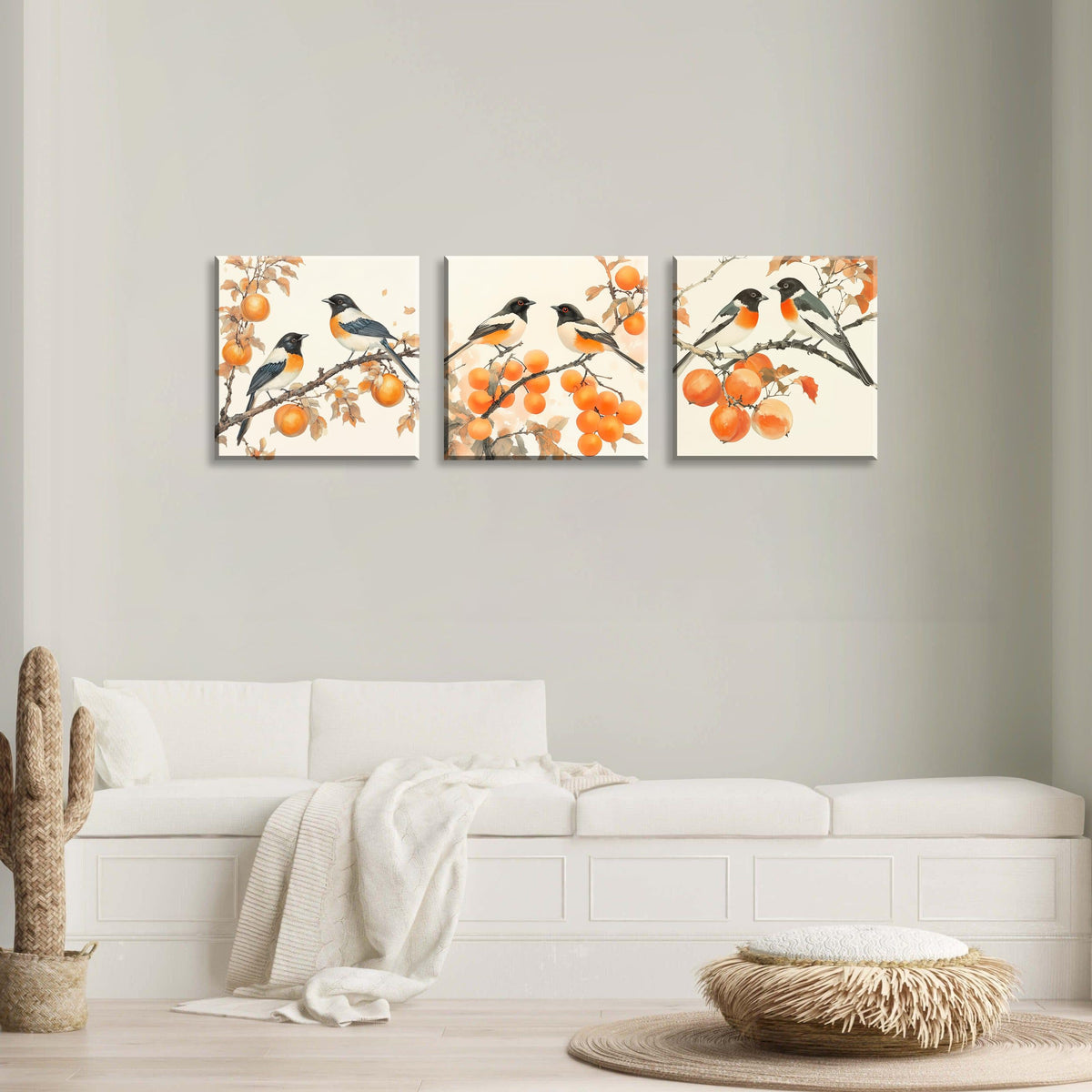 3PCS Vintage Style Watercolor Birds Orange Fruits Canvas Wall Art Botanical Autum Natural Scene Artwork for Living Room Bedroom Office Calming Wildlife and Fruit Branch Framed Canvas Prints (Birds Orange Fruits / 20x20 inches (3 pieces))