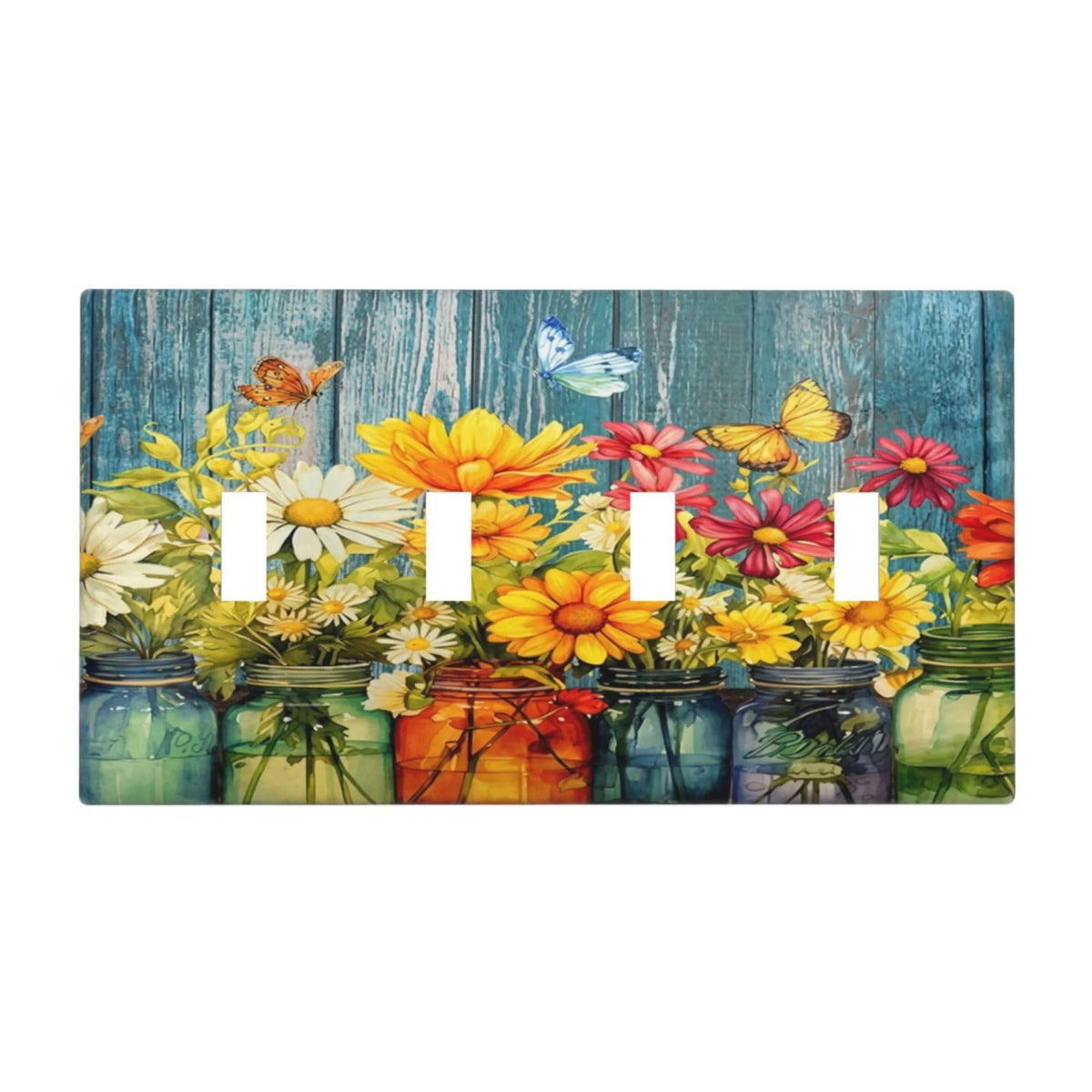 Country Rustic Daisy Flower Butterfly Decorative 4 Gang Quad Toggle Light Switch Cover Plate Decorative Electric Quadruple Device Faceplate Switchplate Screwless (Country Rustic Daisy Flower Butterfly / 4 Gang Quad Toggle)