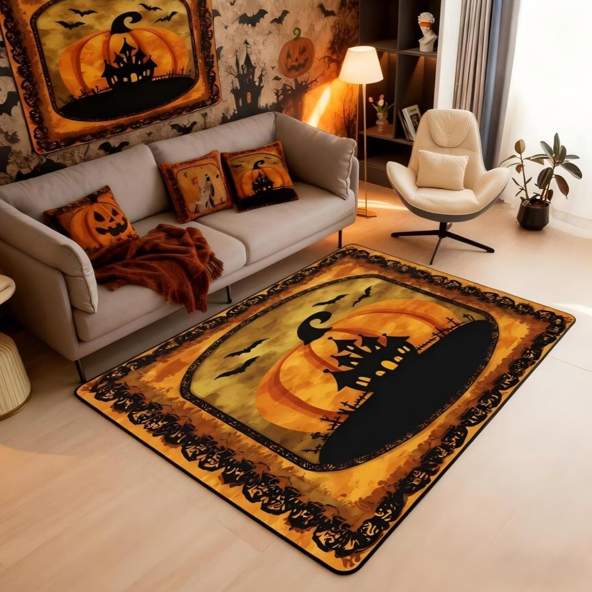 Halloween Pumpkin 3 x 5 Area Rug Spooky Haunted House Rugs for Living Room (Orange Black / 3'3" x 4'11" (Rectangular))