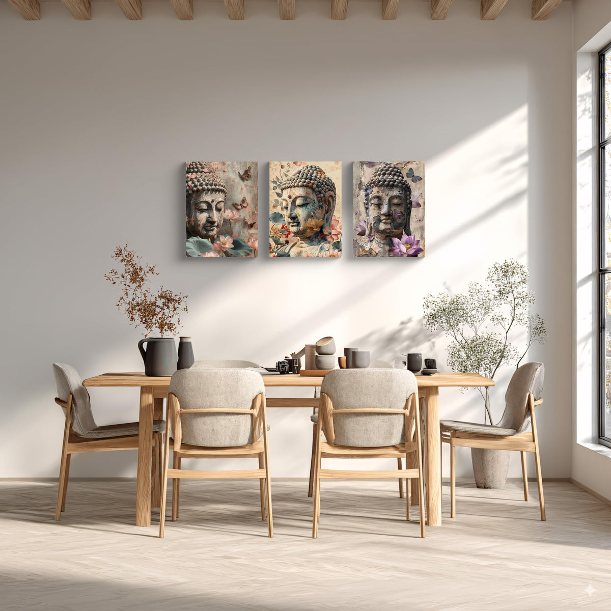 3Pcs Buddha Statue Lotus Floral Accents Canvas Art Floral Buddha Zen Meditation Decor Spiritual Wall Art for Home Ready to Hang Spiritual Zen Decor Peaceful Meditation Art for Living Room (12"L x 16"W / Buddha&Lotus)