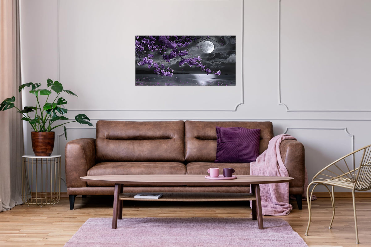 1 Pcs Purple Bedroom Pictures Wall Decor Purple Canvas Art Black and White Sea Night Full Moon Purple Flower Print on Canvas Purple Wall Picture for Room Decor Stretched and Framed 16x32 inch (32"L x 16"W / Purple Flower 10)