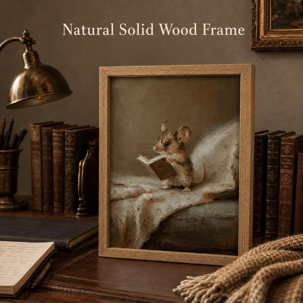 Vintage Mouse Reading Book Framed Wall Art Whimsical Cottagecore Decor (Mouse / 10"L x 8"W)