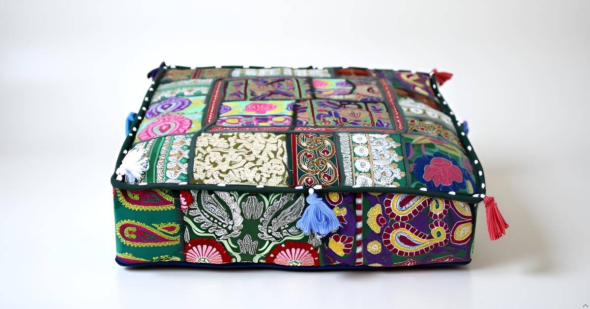 Square Patchwork Pouf Cover 16x16x5 Inch (16"D x 16"W x 5"H / Light Green)