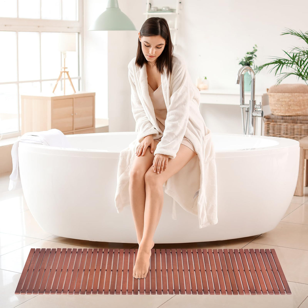 Bath Mat Bathroom Runner Long Large Rugs Floor Wood Shower Bathtub Waterproof Non Slip Accessories 16x34 Inch Easy to Clean (Striped Walnut / 48" x 16" (Rectangular))