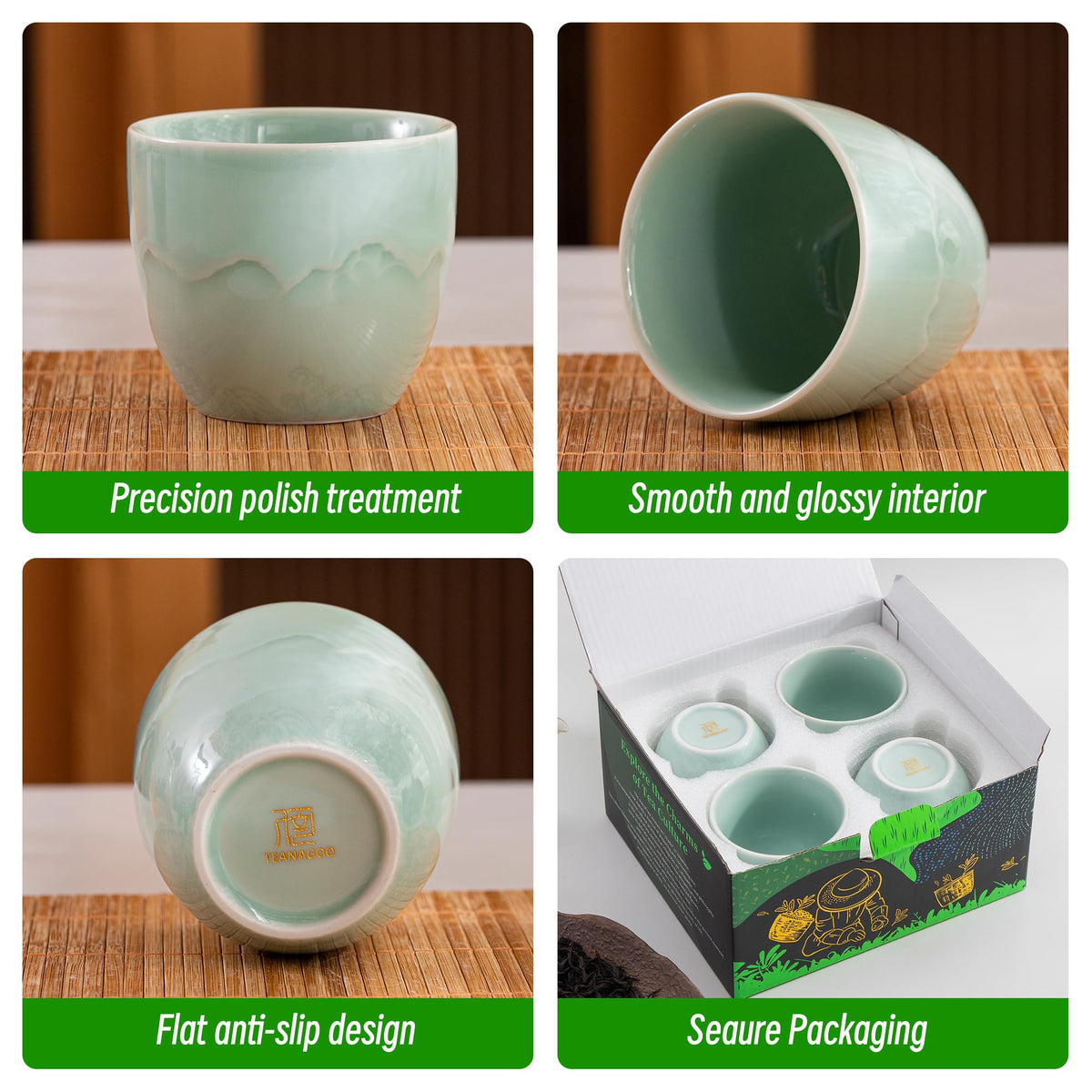 Ceramic Japanese Tea Cups Set of 4pcs (Celedon Blue / 5.4 fl oz (4-Count))