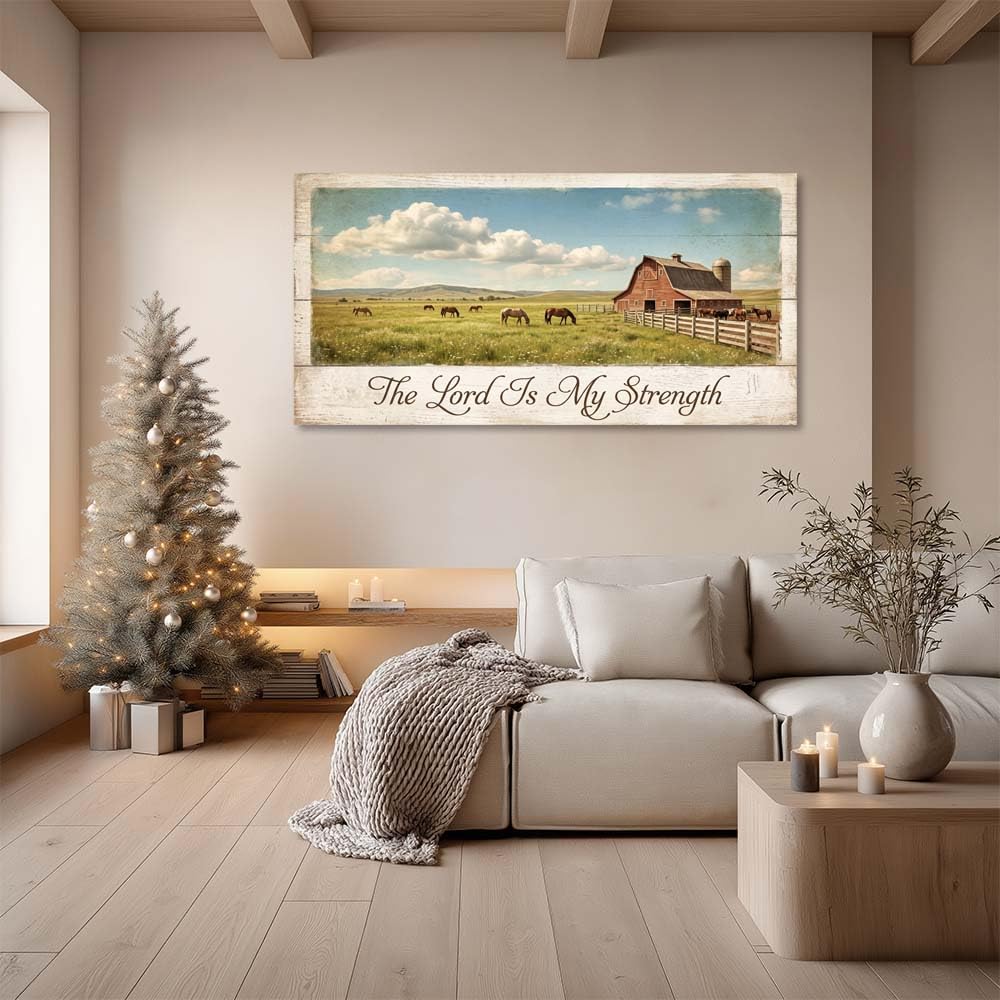 Rustic Countryside Horse Pasture Canvas Wall Art Red Barn Landscape Painting The Lord Is My Strength Christian Print Gallery Wrapped Farmhouse Nature Artwork for Living Room Bedroom Bathroom Decor (Abstract / White Barn Pasture 21 / 58"L x 28"W)