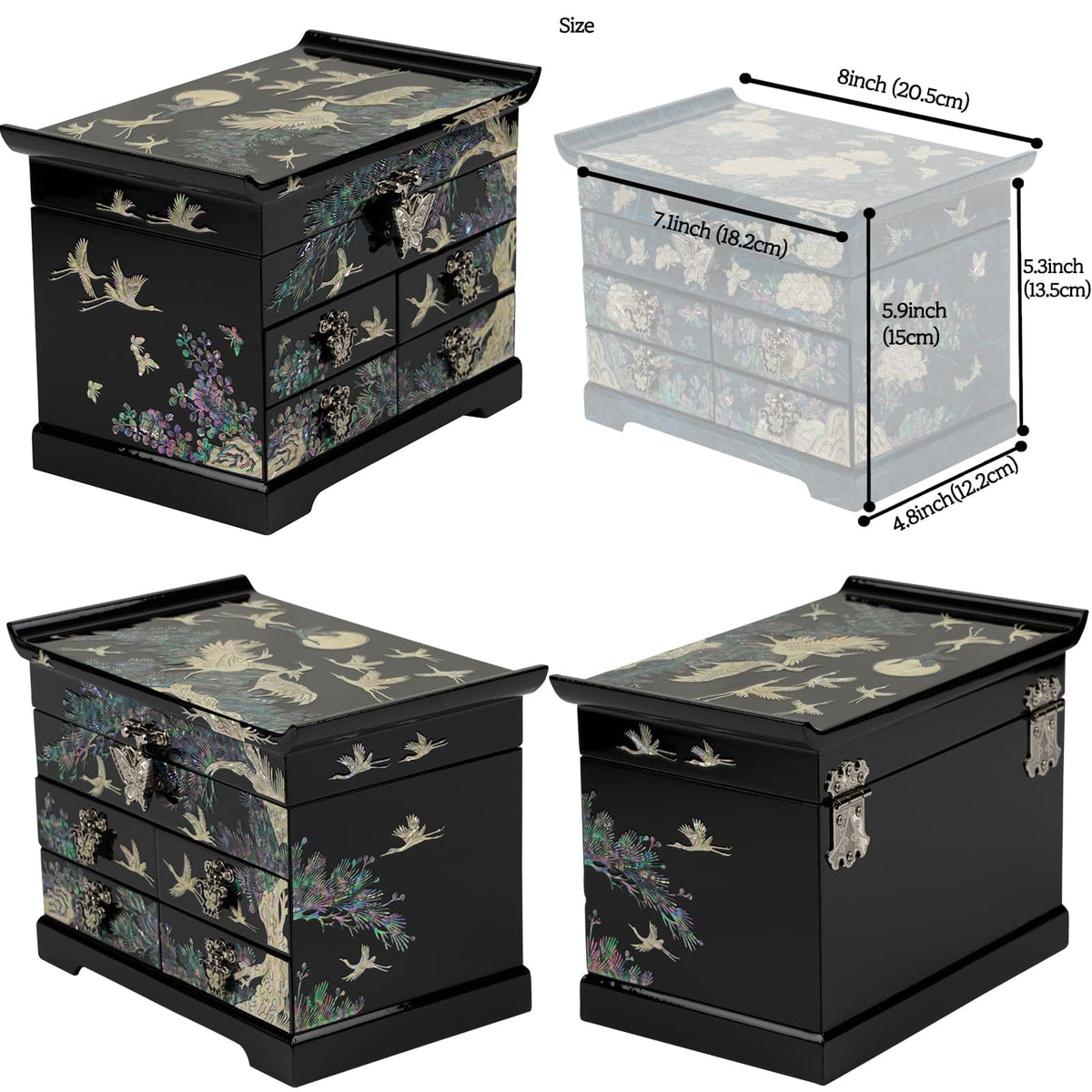 Mother of Pearl Wooden Jewelry Organizer Box (Crane_Black)
