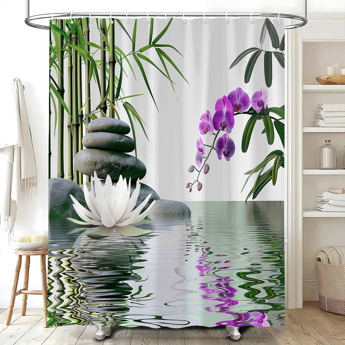 Zen Shower Curtain Green Leaf Floral Purple Flower Lotus Black Stone Japanese Garden Relax Meditate Spring Nature Theme Rustic Polyester Curtains Bathroom Decor Set with Hooks 70Wx84H Inch (70"W x 84"L (Pack of 1))