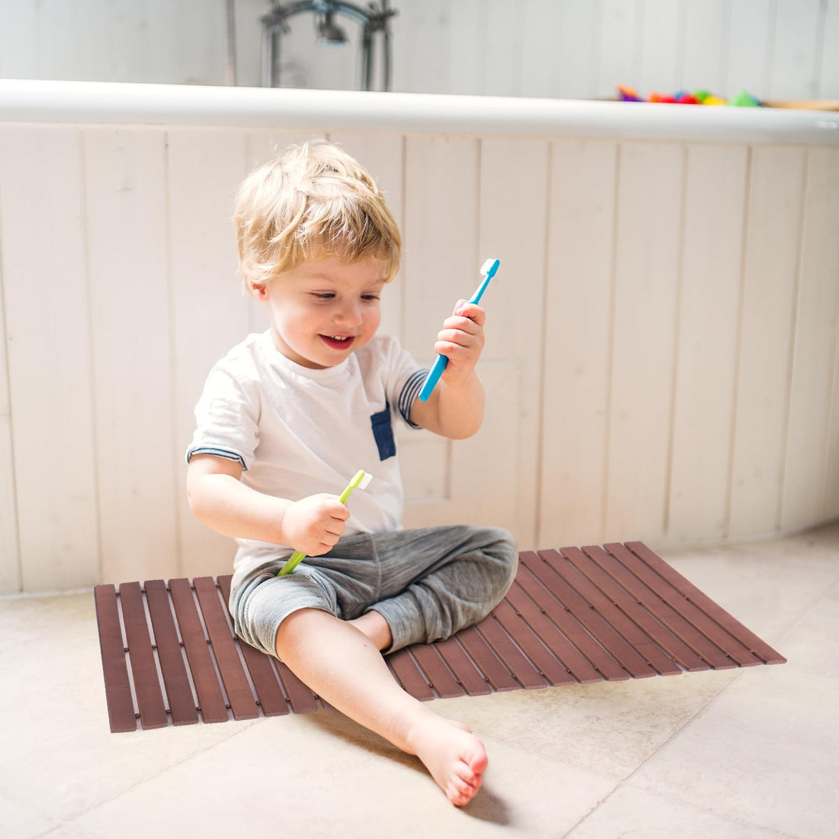 Bath Mat Bathroom Rugs Floor Wood Shower Bathtub Waterproof Non Slip Walnut Accessories 16x24 Inch Easy to Clean (Striped Walnut / 16x24 Inch-2 pcs)