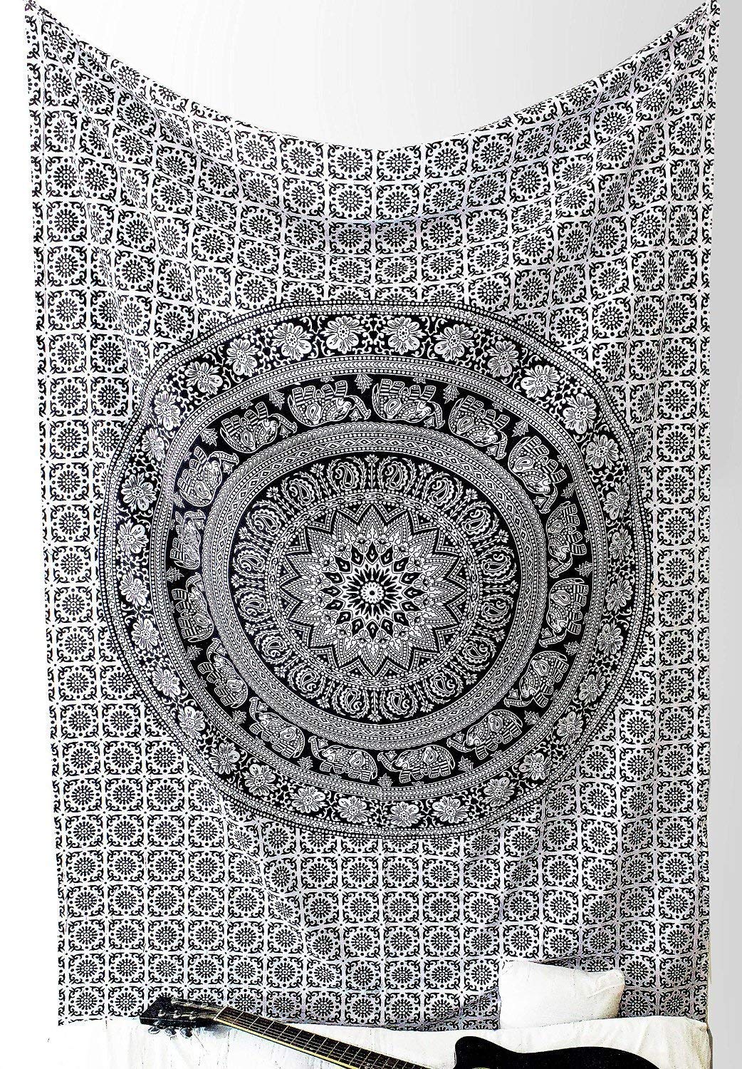 Wall Hanging Tapestry for Bedroom Hippie Mandala Bohemian Tapestry Floral Design Indian Magical Thinking Tapestries Dorm Decor 30 x 40 Inch (40"L x 30"W / Black and White)