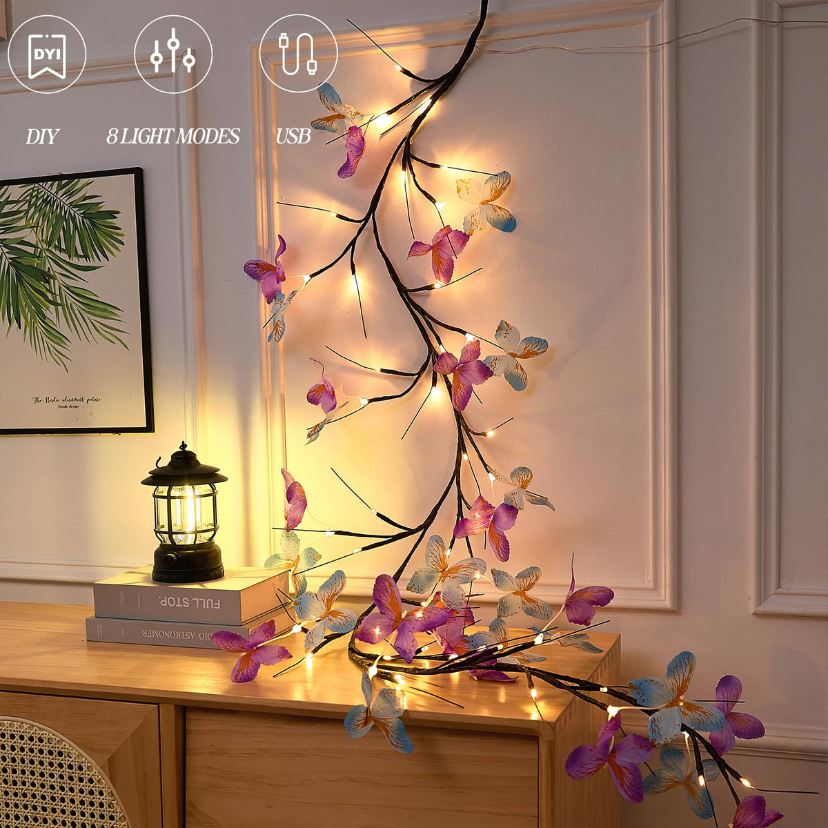 Willow Vine Light with Butterfly 48LED 5.9FT Enchanted Wall Decoration Vine Lights 8 Light Modes for Indoor Home Wall Decoration (5.9FT)