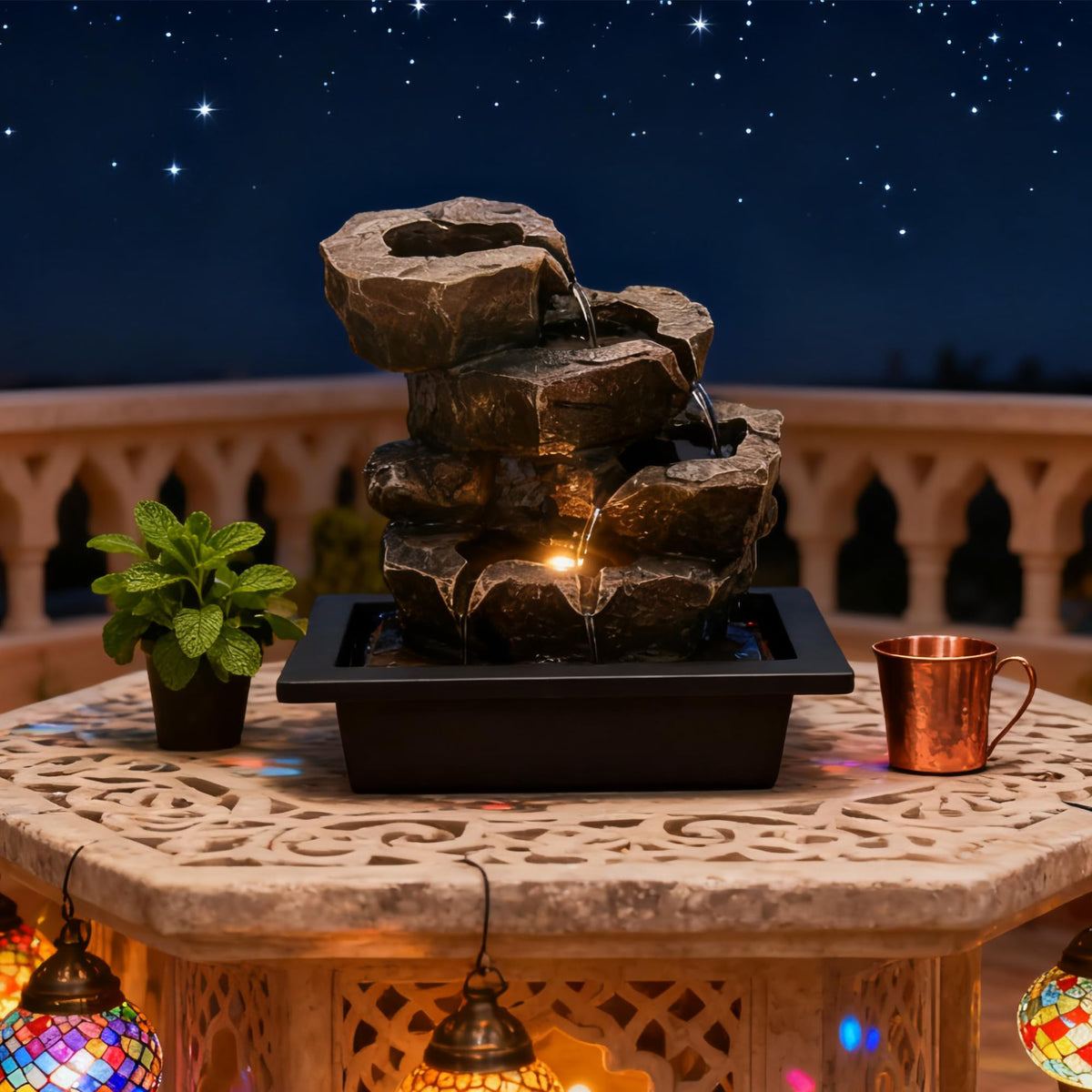 Indoor Tabletop Rock Waterfall Fountain with Warm Light & Stacked Stone for Home Office Desk Decor (Style 6)