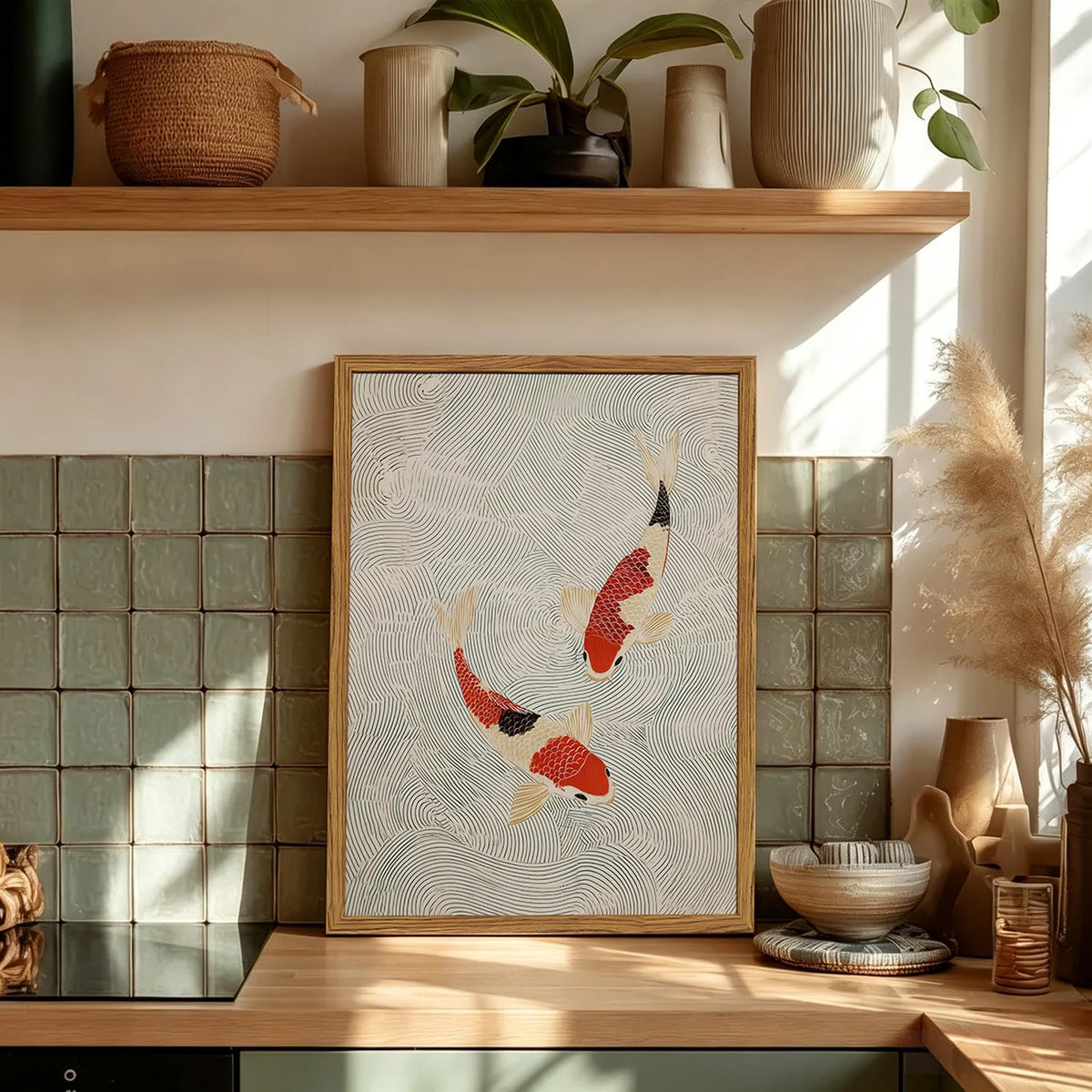 Framed Japanese Wall Art (Red and cream koi / 16"L x 12"W)