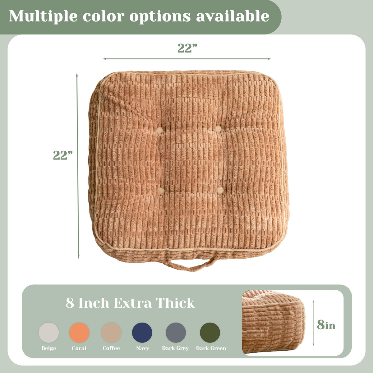 8" Floor Pillow Cushion for Adults (Square Coffee / 8" Thick(Pack of 1))