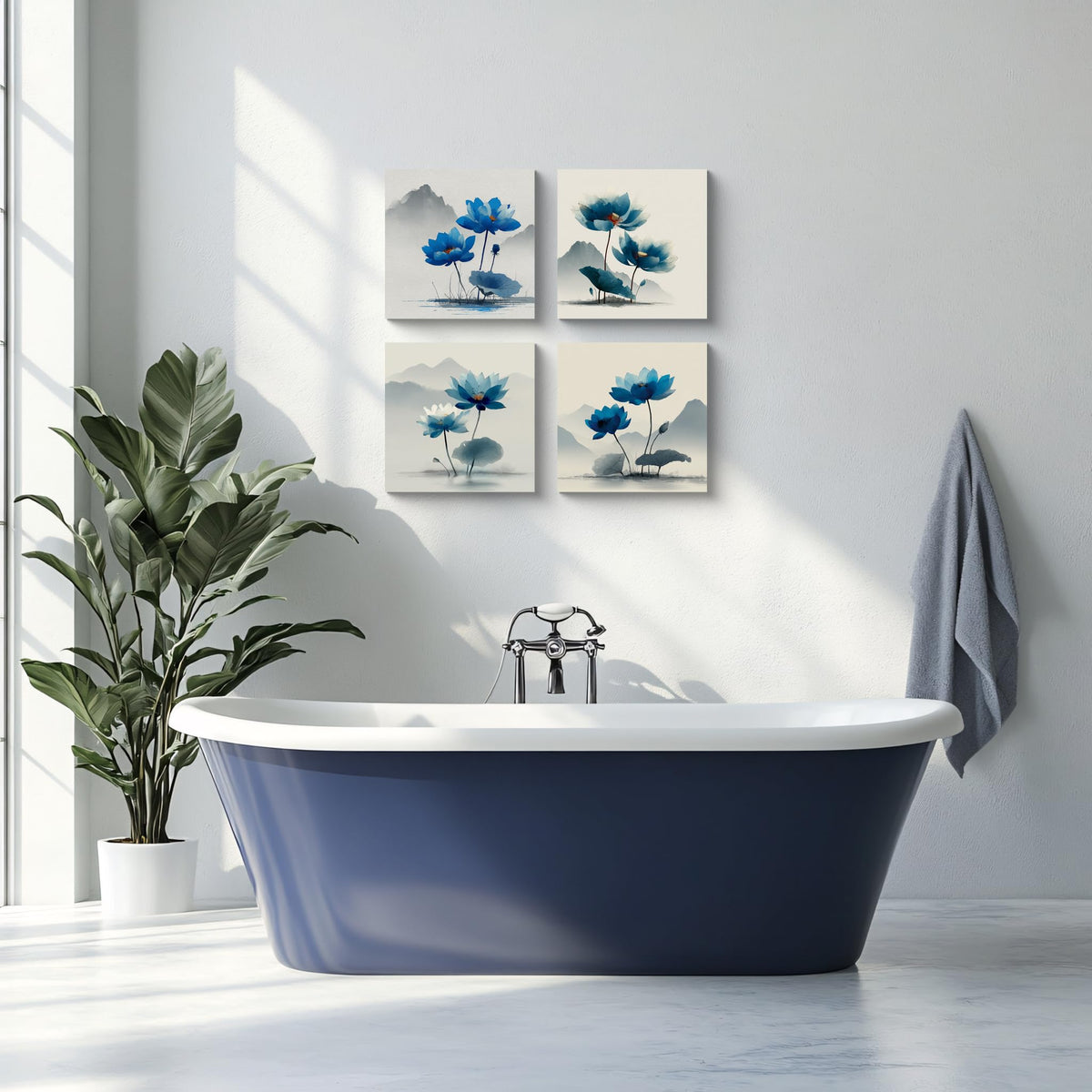 4PCS Blue Lotus Flower Wall Art Oriental Ink Painting Style Watercolor Botanical Canvas Print Traditional Chinese Zen Artwork Mountain Landscape Decor for Living Room Bedroom Meditation Space (16X16inchX4 / Blue Lotus-1)