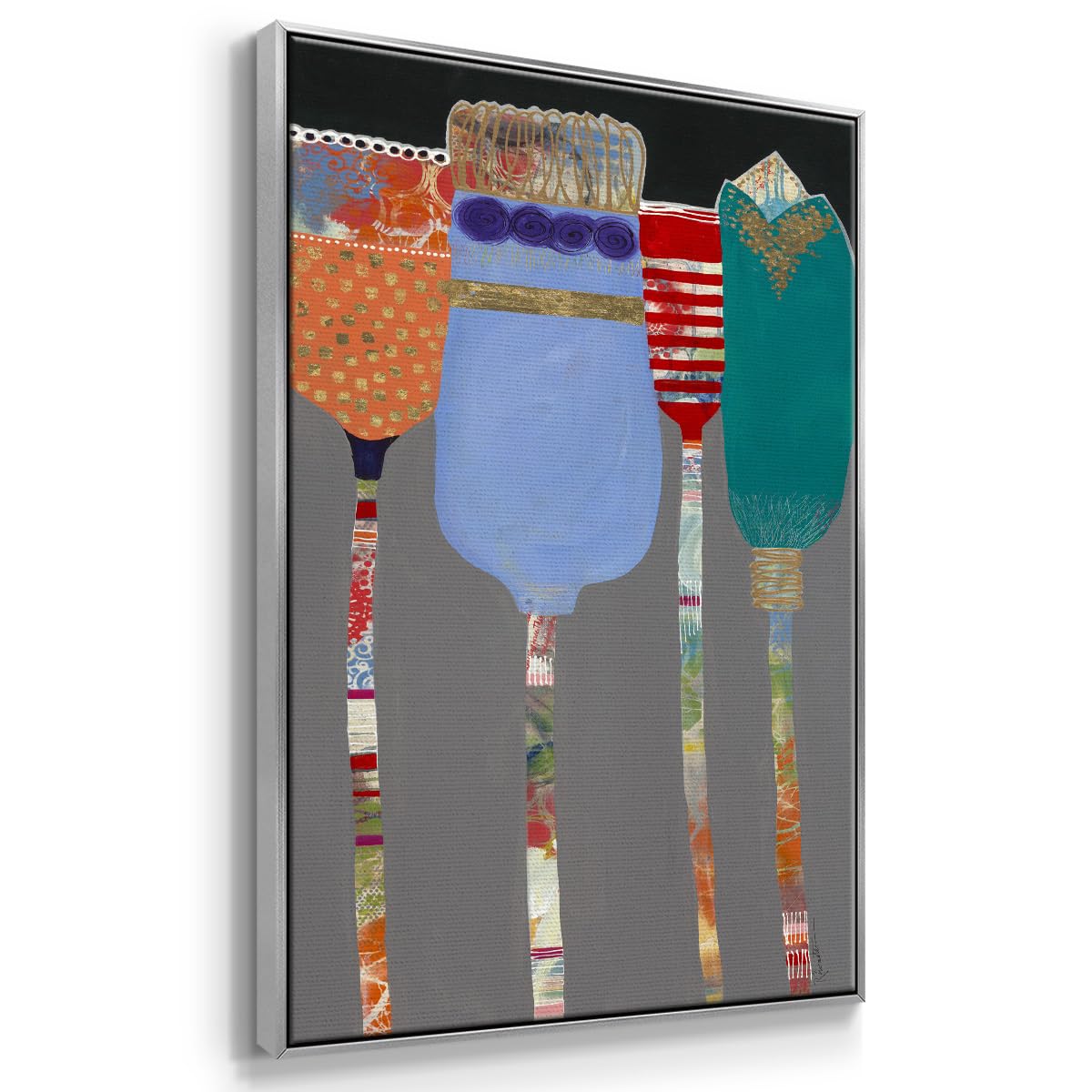 Abstract Floral Wall Art Hanging Paintings Tall Vibrant Color Tulips Flower Canvas Silver Floater Frame Artwork Prints for Office Bedroom Kitchen Walls (37"L x 25"W / Tall Tulips)