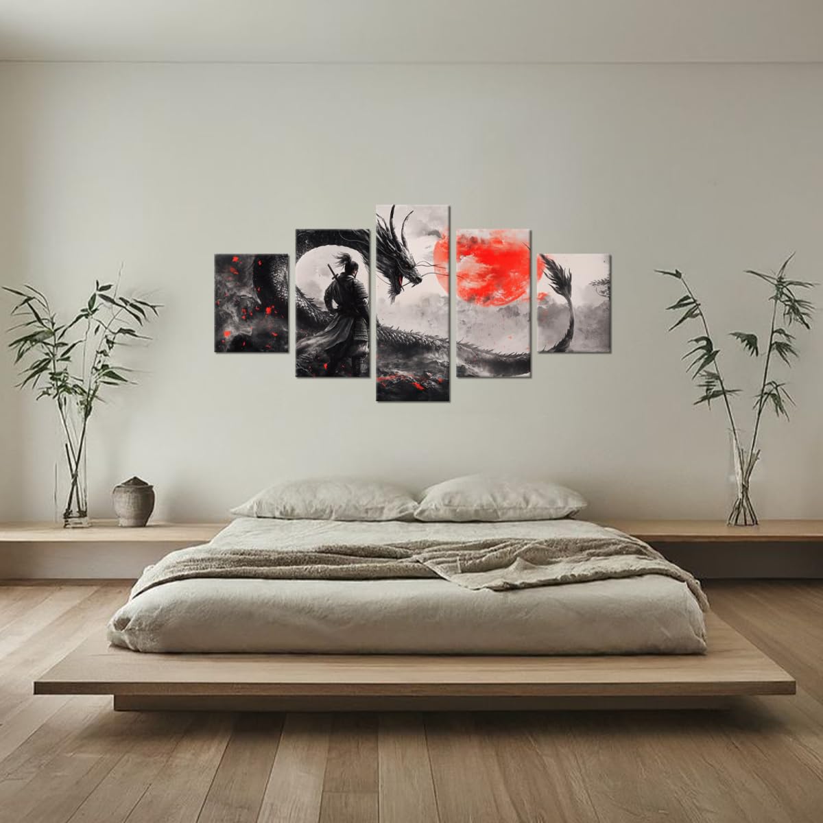 Japaneses Samurai Bedroom Wall Art Dragon Pictures Wall Decor Black and White Asian Warrior Artwork Red Sun Canvas Prints for Bathroom Office Living Room Bushido Poster Framed 5 Pieces 60''W x 40''H (60"Wx40"H / Samurai 5P-22)