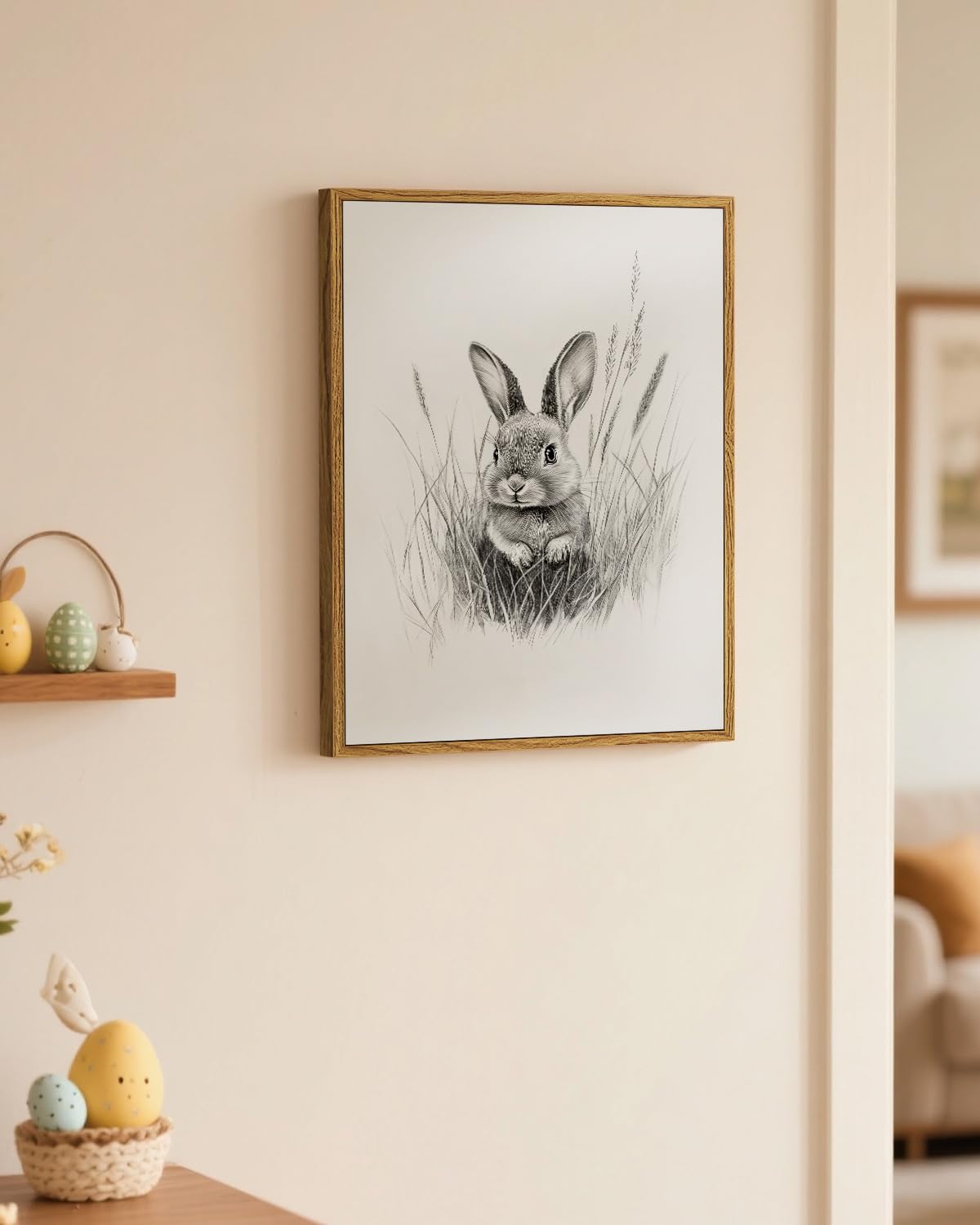 Elegant Cute Bunny Sketch Framed Canvas Wall Art (Sketching / 16"L x 12"W)