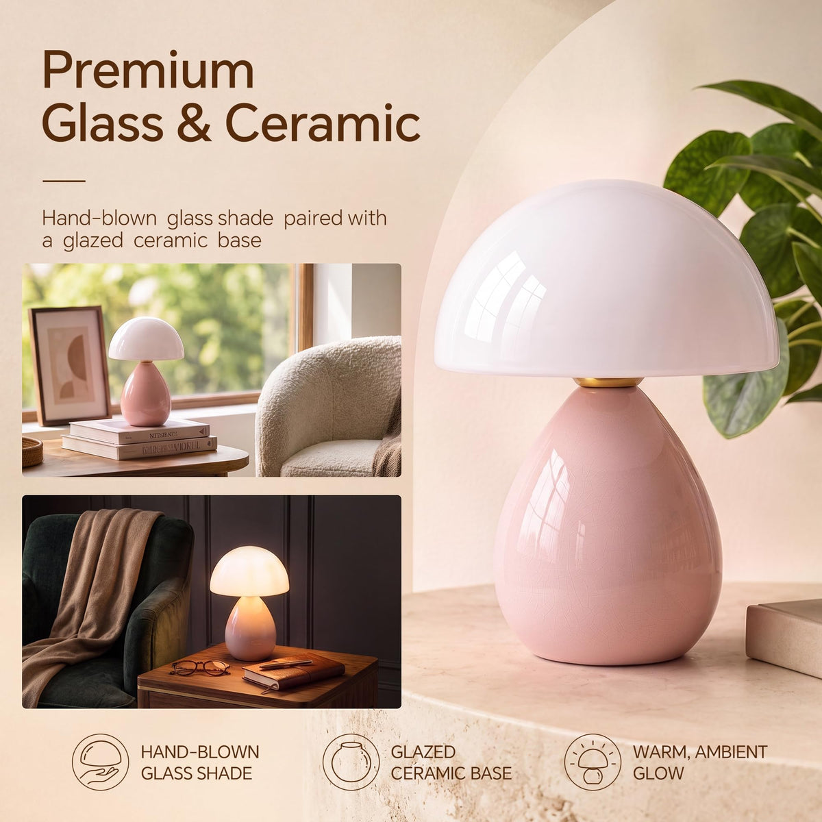 Mushroom Lamp Table Lamp for Bedroom (Pink-Ice Crackle)