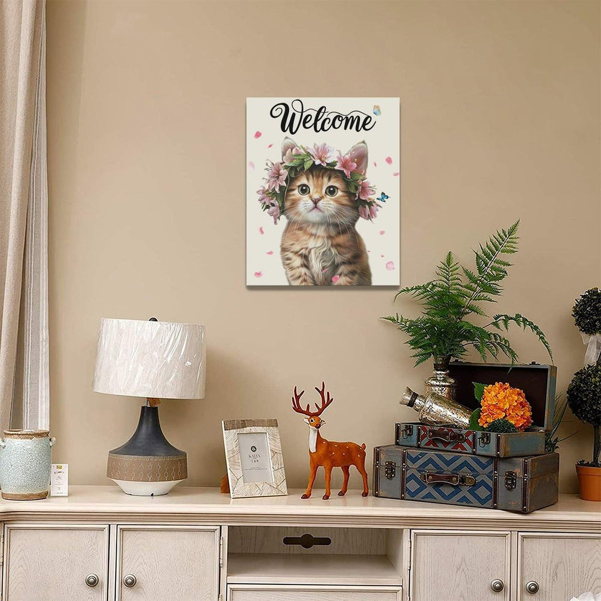 Cat Wall Art Welcome Cat Pictures Wall Decor Flower Canvas Painting Home Modern Artwork Decorations Framed for Bathroom Living Room Bedroom Office 16 x 20 inch (20L" x 16W" / Cat)