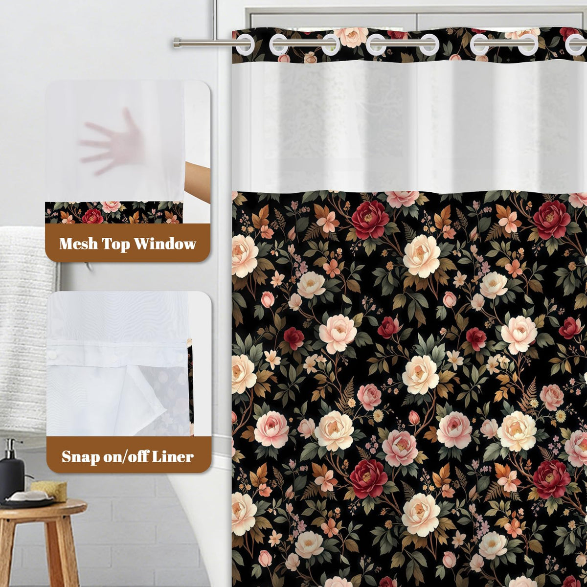 Dark Flower Shower Curtain with Snap in Liner (Vintage Floral)