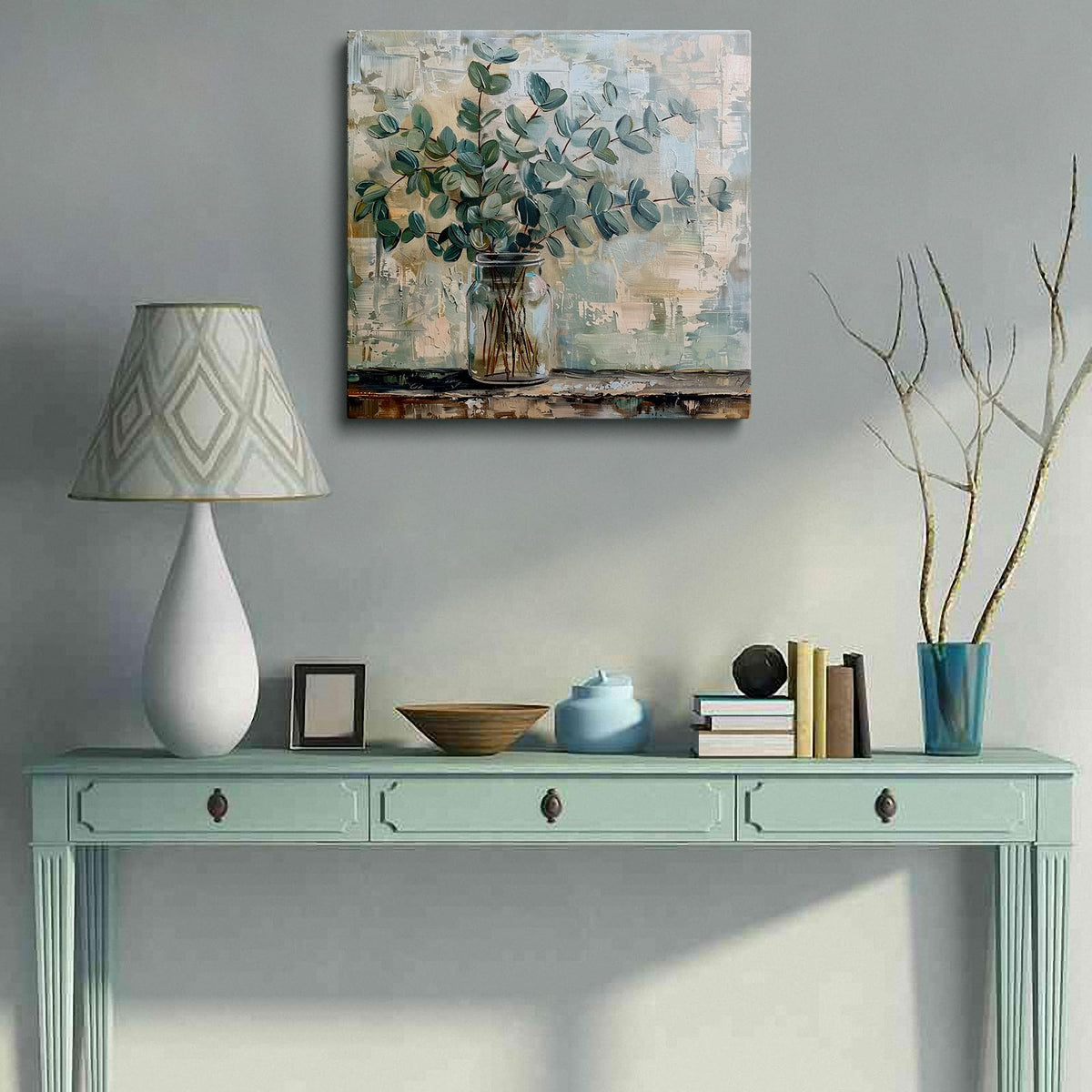 Botanical Canvas Wall Art Framed Eucalyptus Vase Neutral Decor 14x14 Inch (Eucalyptus Vase / 14"L x 14"W)
