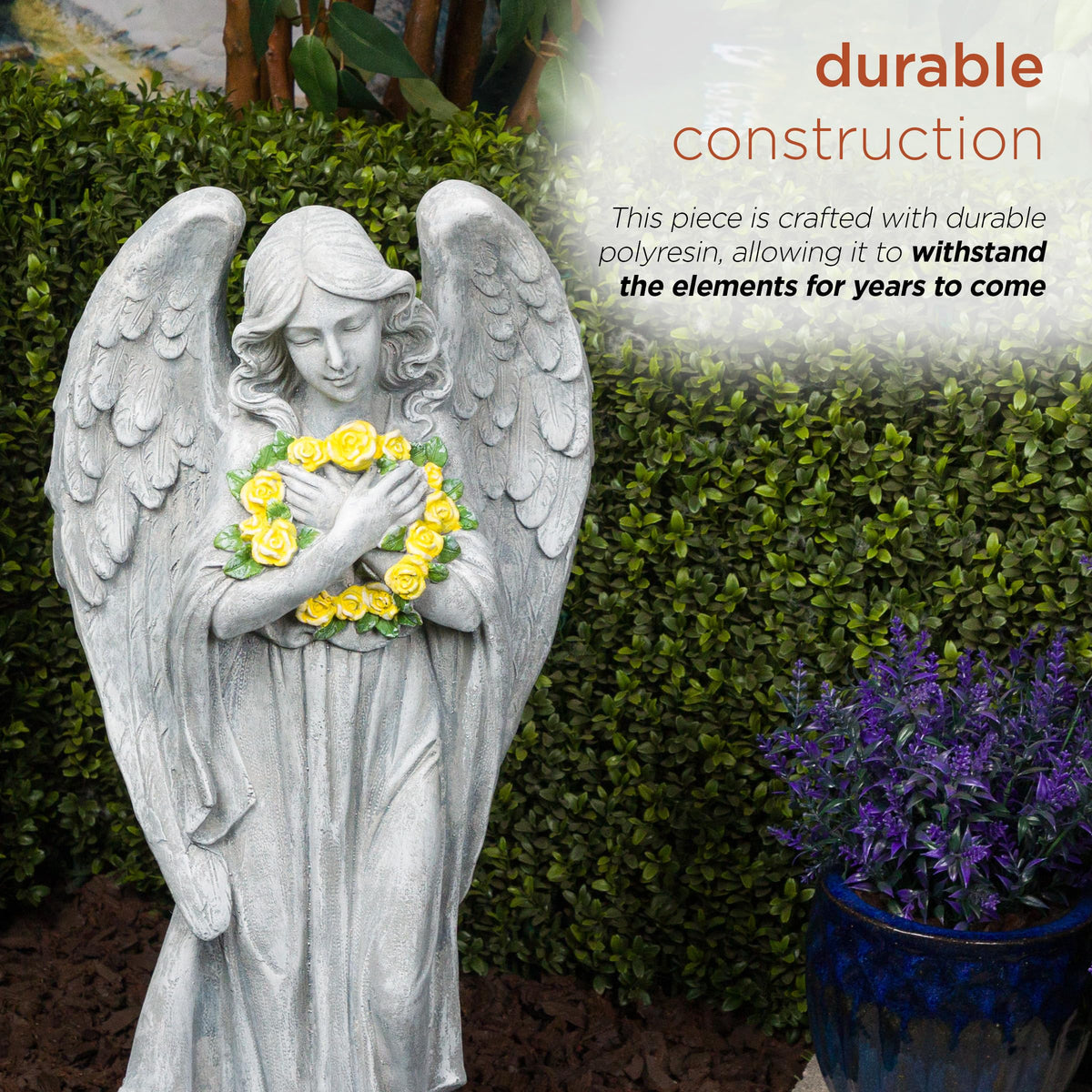 MCC832 Angel with Yellow Flower Wreath Statue (29" H - Multicolor Angel)