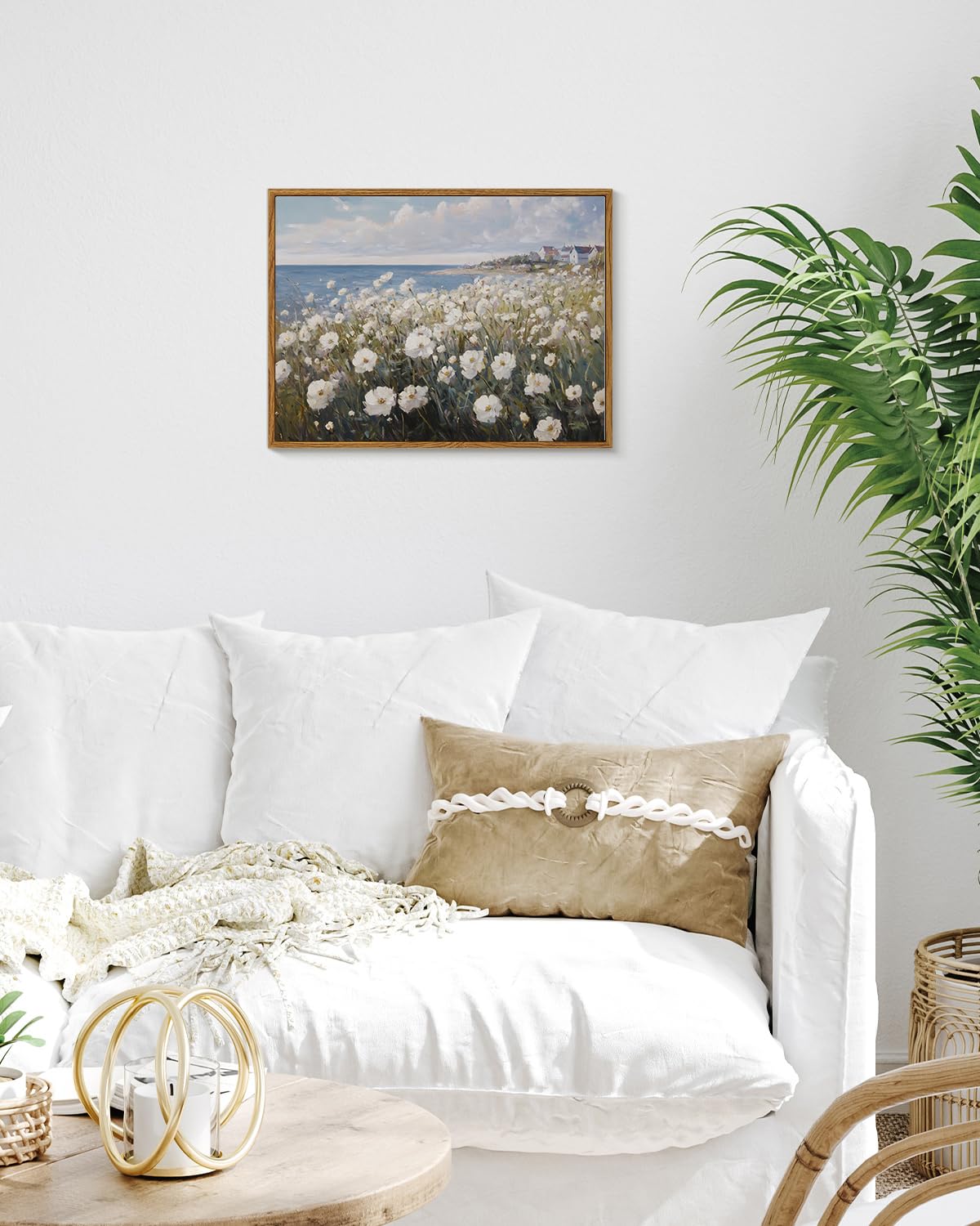 Vintage Coastal Wildflower Framed Canvas Wall Art 12"x16" Ocean View White Flowers (Seaside / 16"L x 12"W)