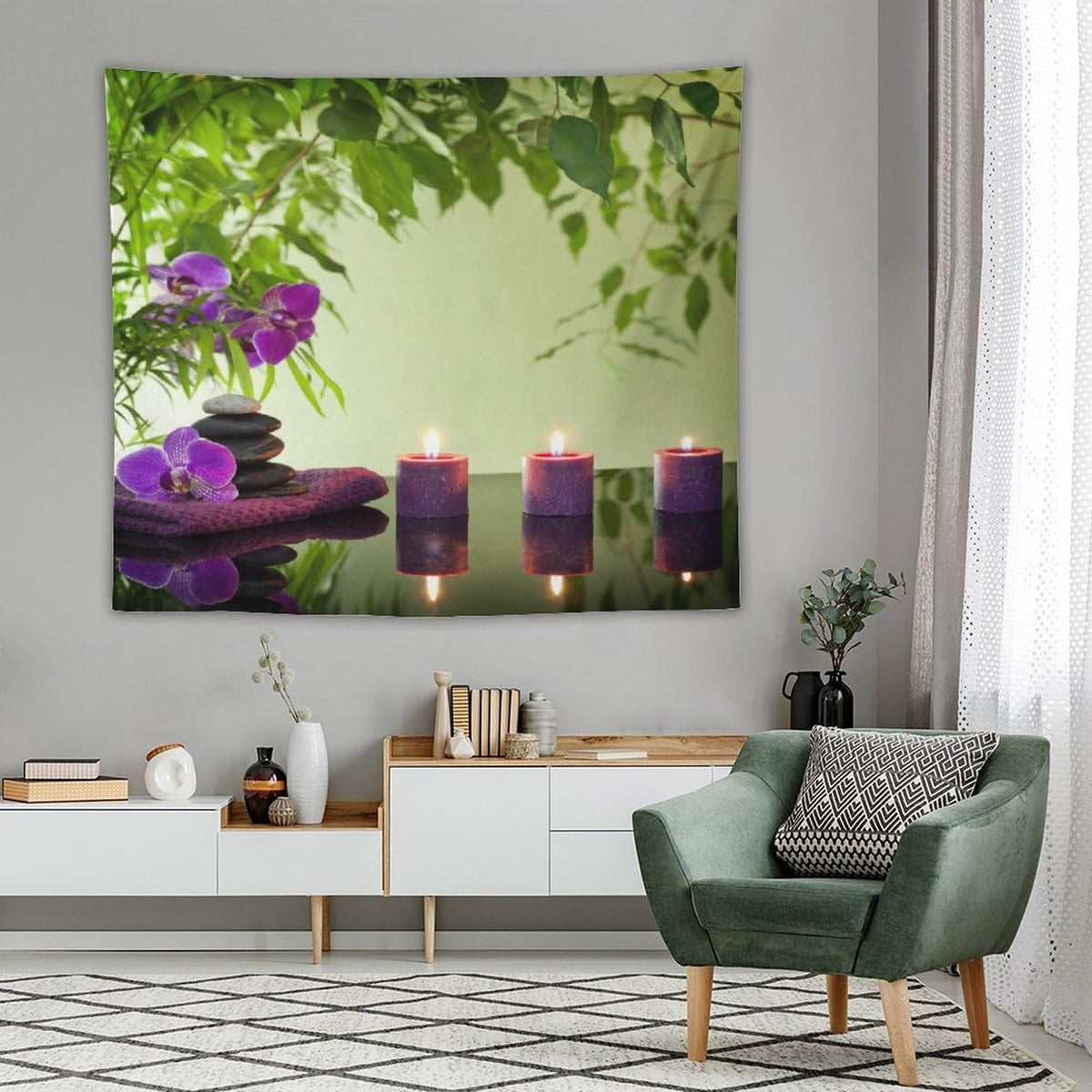Spa Tapestry Wall Hanging Stones Aromatic Candles and Orchids Blooms Treatment Vacation Tapestries Home Decor for Living Room Bedroom Farmhouse Kitchen Dorm 50"x60" (50"L x 60"W / Zen-12)