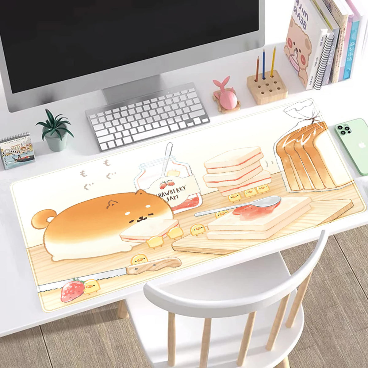Cute Desk Mat Anime Cartoon Desk Pad Mouse Pad Kawaii Large Yellow Shiba Inu Gaming Mousepad XXL Laptop Keyboard Desktop Writing Pad Stitched Edge Desk Accessories for Girls Students 31.5''X15.7'' (Yellow Toast Bread)