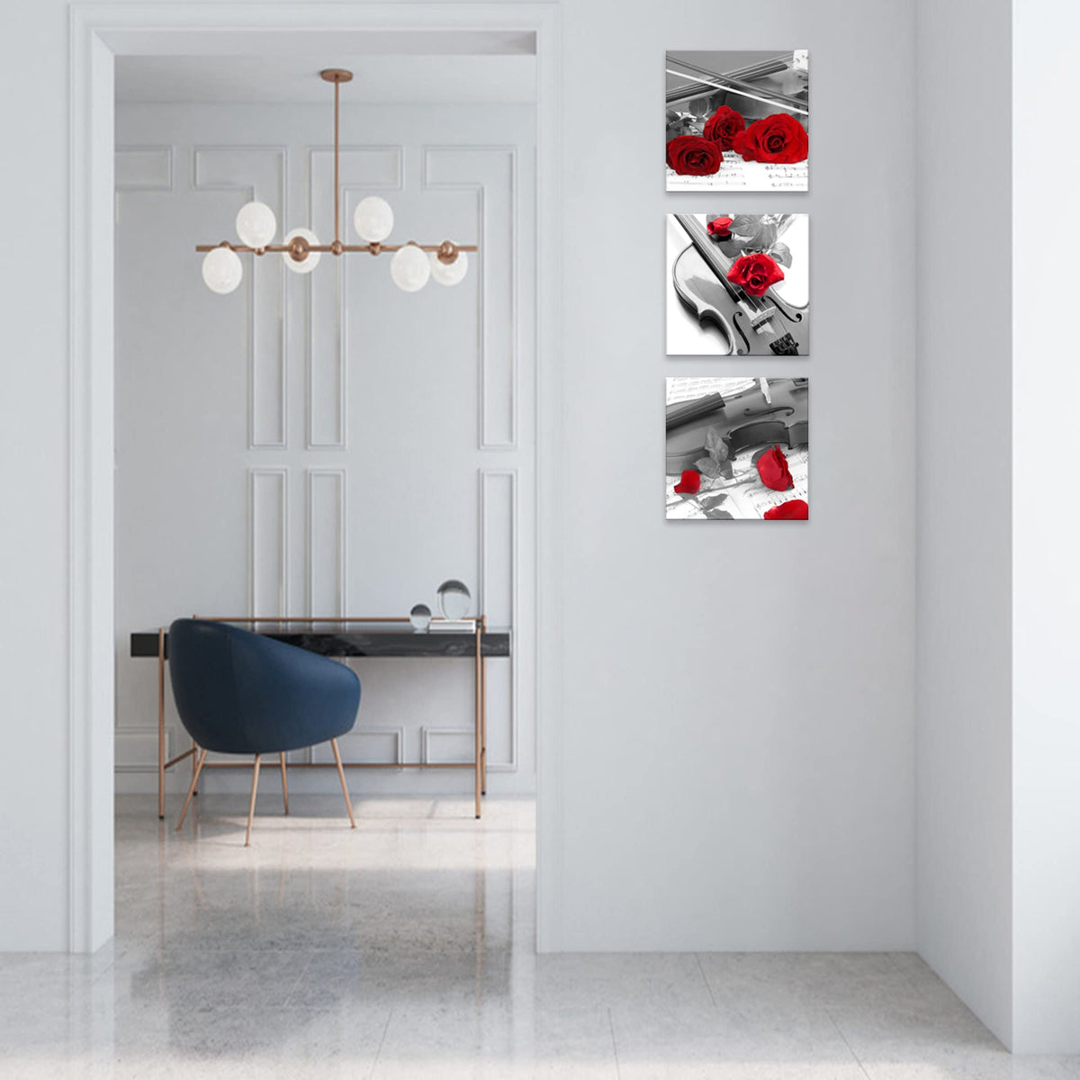 Canvas Print 3 Pcs Black and White Red Rose Canvas Art Painting Abstract Wall Art Decorations Flower Picture on Canvas for Home Decor Stretched and Framed (20 x 20 inches (3-Piece Set) / Violin and Rose)