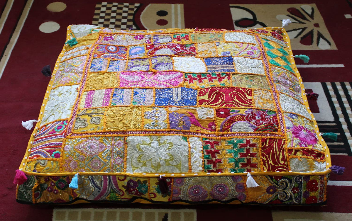 Handmade Square Yellow Patchwork Pouf Cover 35 Inch Ottoman Cover Embroidered Cotton Floor Cushion Cover Boho Indian Decorative Floor Pillow Meditation Cushion for Living Room Bedroom (35"D x 35"W x 5"H / Yellow)