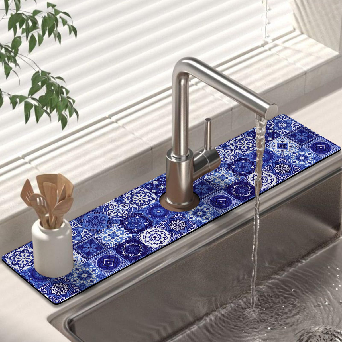 Kitchen Sink Splash Guard Faucet Mat 24" X 5.5" Talavera Mexican Tiles Absorbent Fast Drying Mat Faucet Draining Mat Sink Splash Guard Behind Faucet Drip Catcher for Kitchen Bathroom (24*5.5in / tile02)