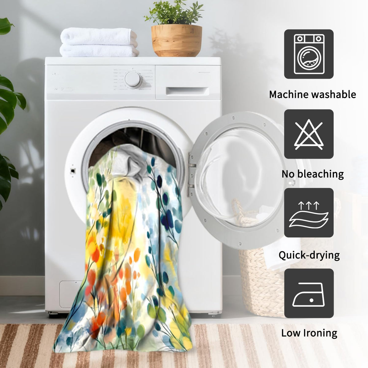 Watercolor Floral Shower Curtain with Hooks (Watercolor Plants)