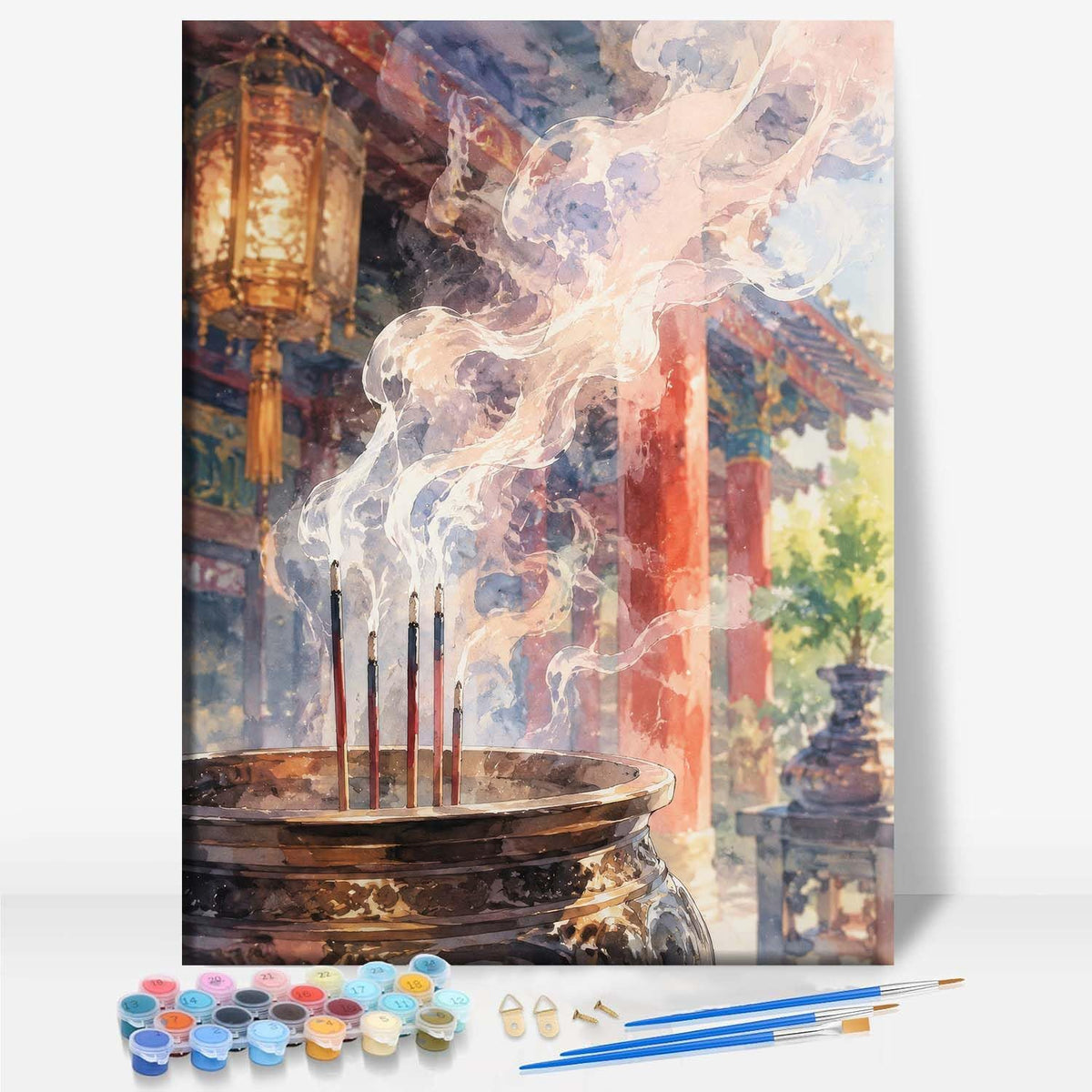 Incense Smoke Rising in Temple Hall Buddhism Framed Canvas DIY Paint by Numbers Kit Bar Cafe Cave Home Room Wall Bathroom Porch Patio Decor Gift (INCENSE SMOKE RISING IN TEMPLE HALL - 16 x 12 Inch)