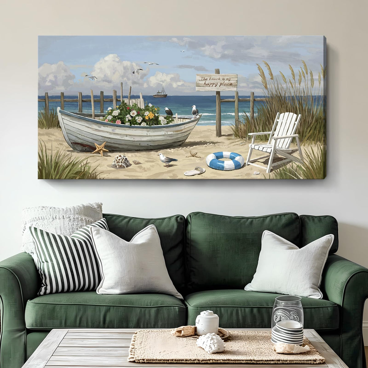 Seaside Wall Art Coastal Landscape Print For Living Room 48X24 In (Blue Seaside Boat Wall Art / 48"L x 24"W)