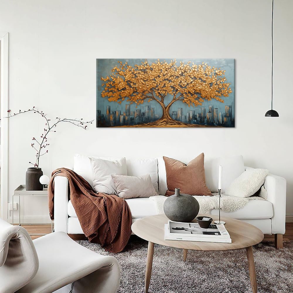 Gold Tree Wall Art for Living Room Office Modern Abstract Golden Urban Nature Minimalist Tree of Life Painting Prints Contemporary Canvas Artwork Dining Bedroom Decor Extra Large (Modern / Modern Golden Tree of Life Wall Art / 58L" x 28W")