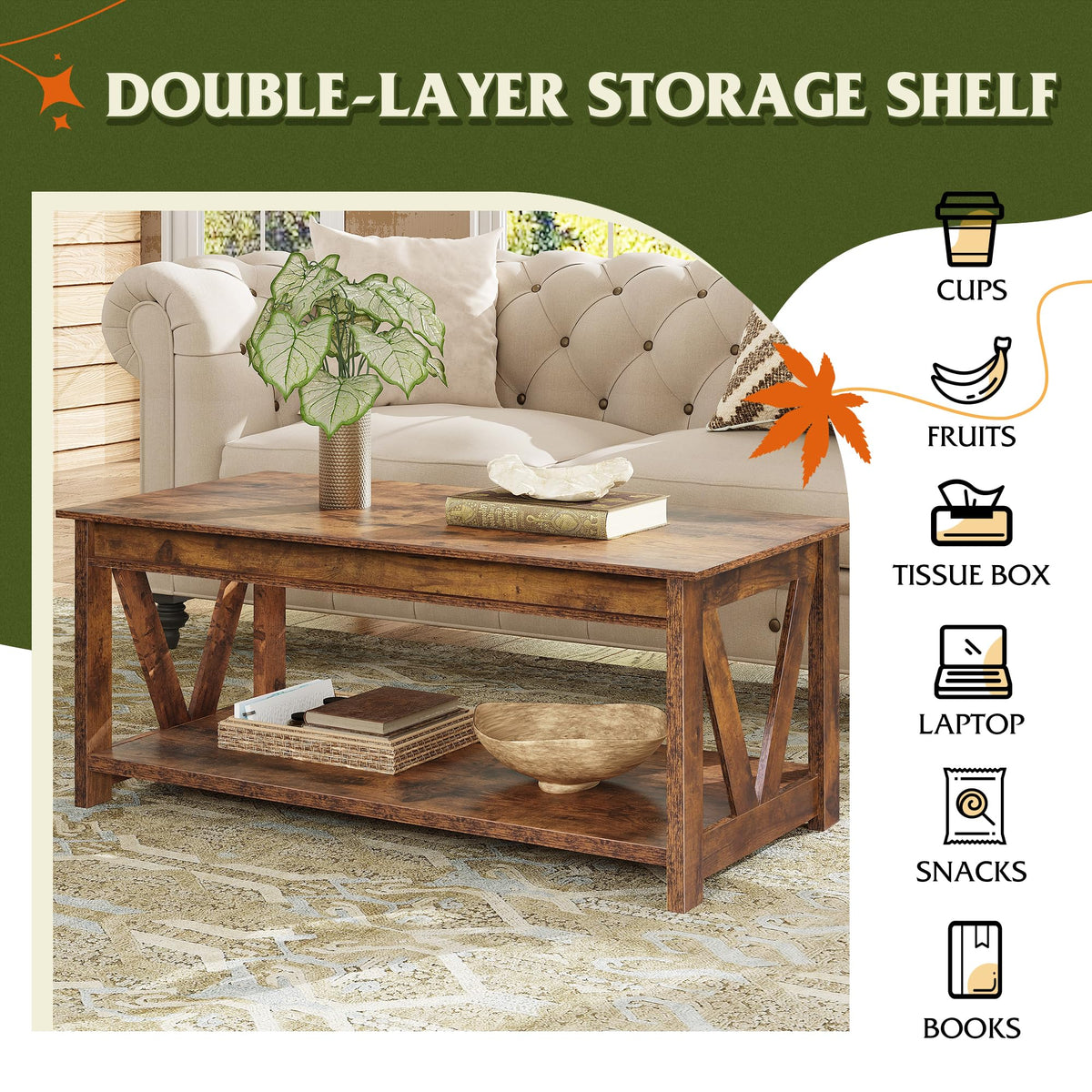 Coffee Table 43.3 Inch Farmhouse Table with Storage (Rustic Brown)