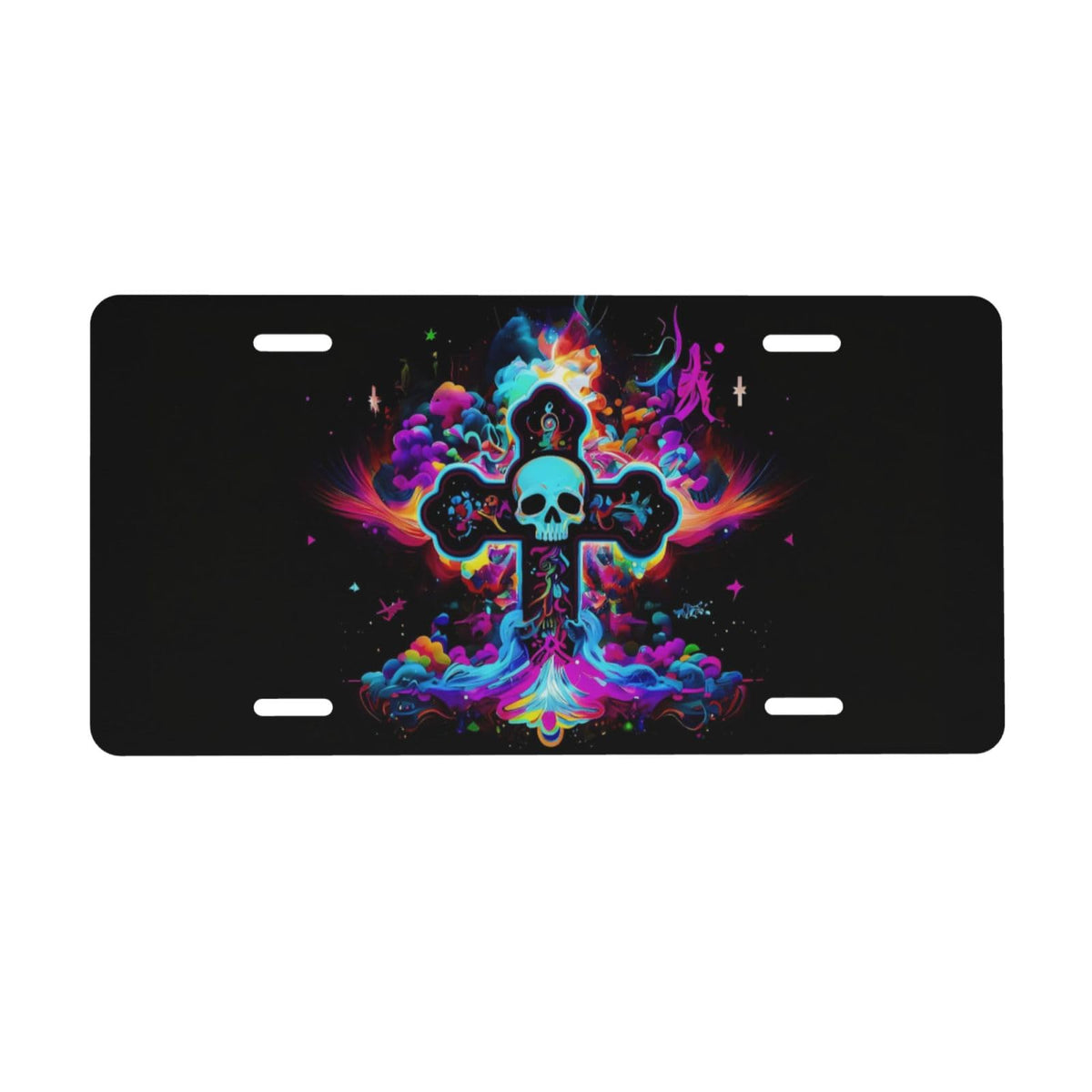 Colorful Cross Clouds Psychedelic Gothic Skull Front License Plate Aluminum Decorative License Plates Metal Car Plate 6"X12" Novelty Vanity Tag Cover with 4 Holes Car Decor Accessory (Yellow / 6 X 12 Inch)
