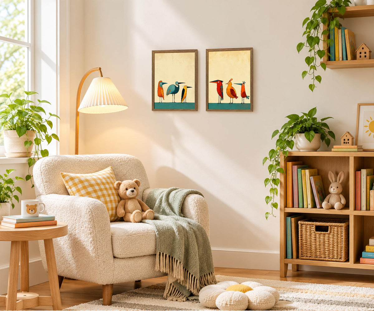 Mid Century Modern Bird Wall Art Colorful Birds on Wire Canvas Print (Birds / 16"L x 12"W)