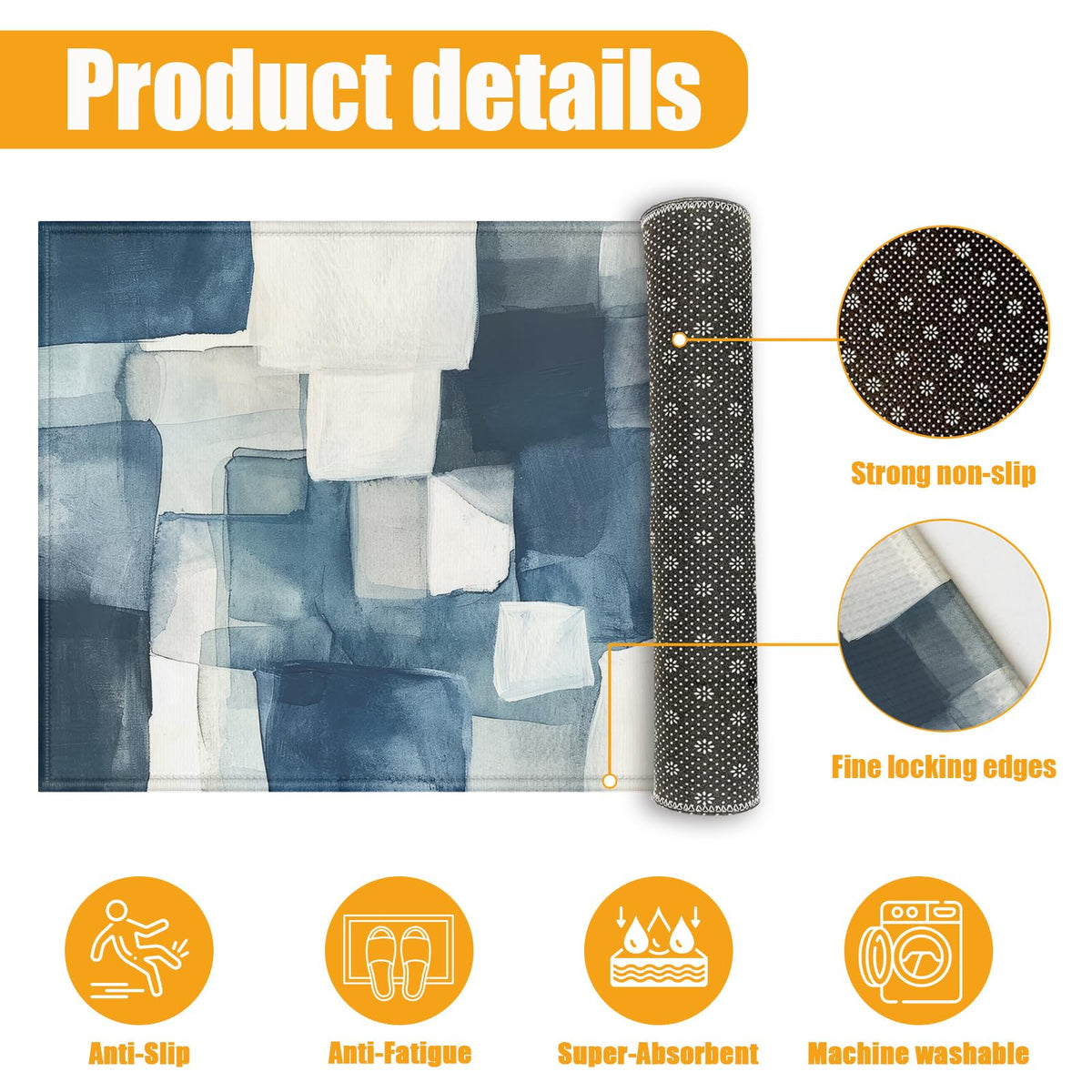 Blue Geometric Watercolor Bath Mat for Bathroom (Blue Geometric Watercolor)
