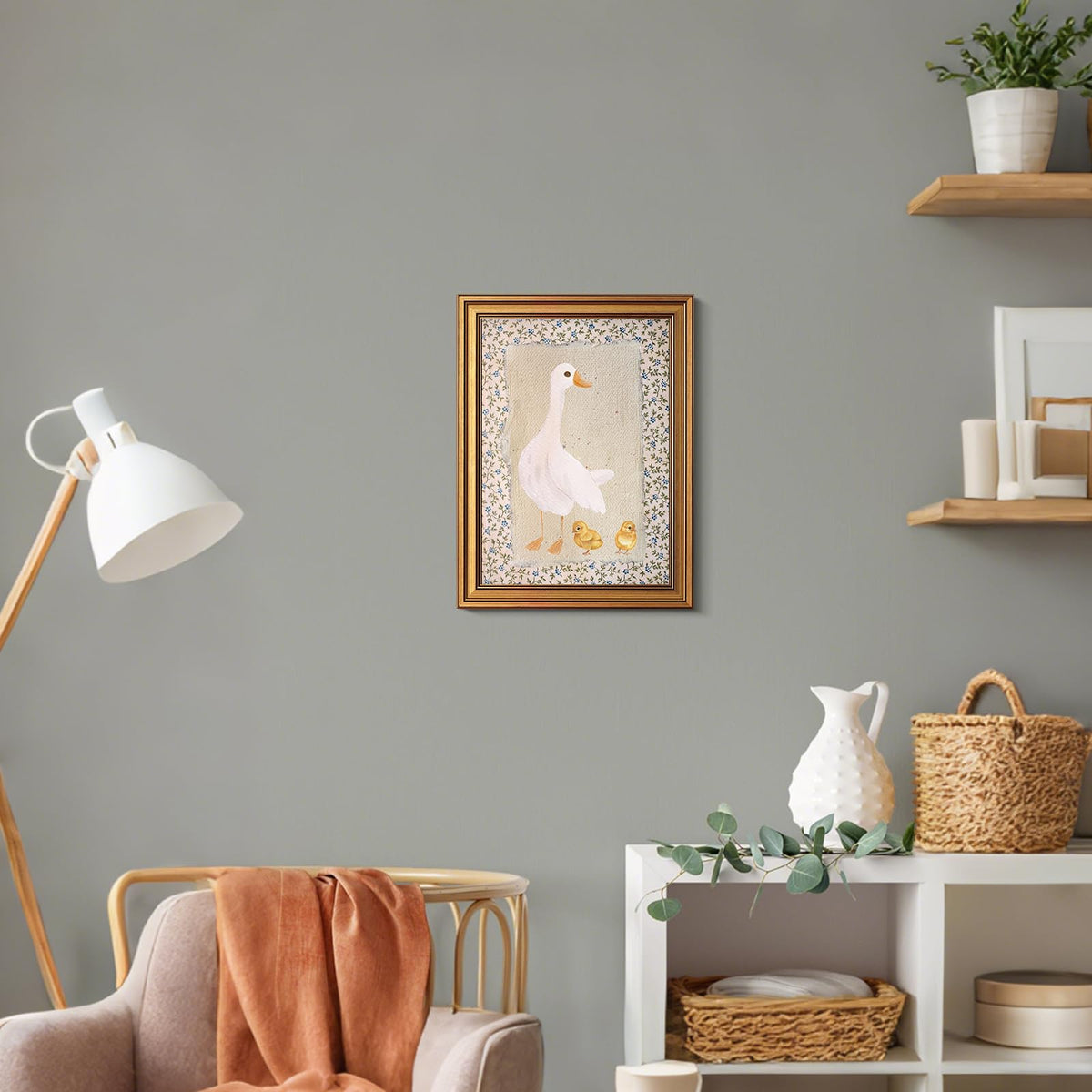 Vintage Gold Frame Canvas Animal Floral Pattern Painting Print 12x16 Inch (Mother Duck / 12"L x 16"W)