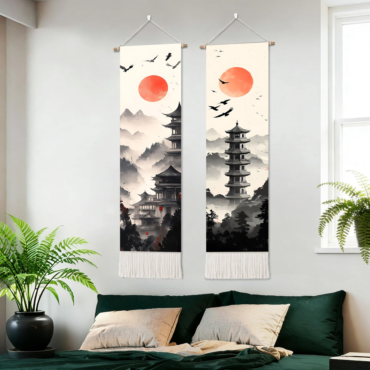 2 Pack Long Vertical Wall Tapestry (Zen Pagoda Twilight / 13"Wx51"H)