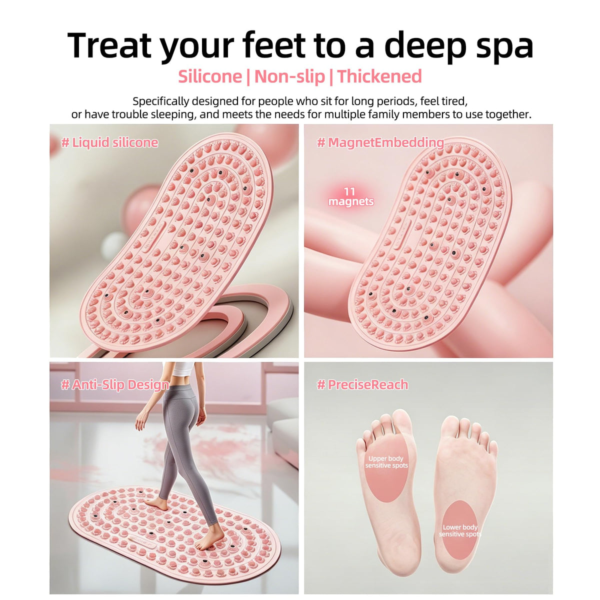 Reflexology Foot Massage Mat Acupressure Magnetic Walk Stone Pad Portable Foldable Feet Pressure Point Massager for Plantar Fasciitis Relief Home Office Pain Relief for Men Women (Pink)